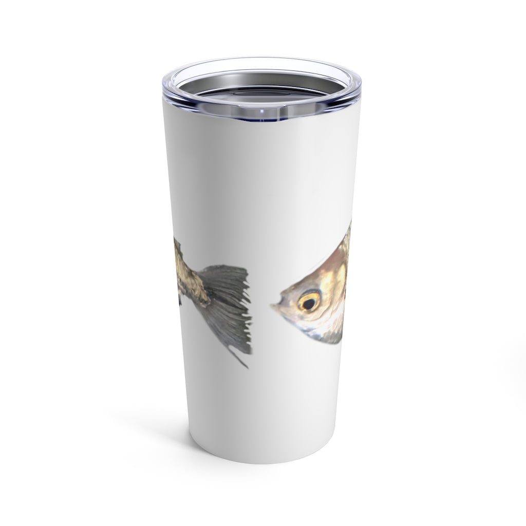 A sleek Silver Fish Tumbler 20oz made of stainless steel with a see-thru plastic lid, perfect for travel and outdoor use.