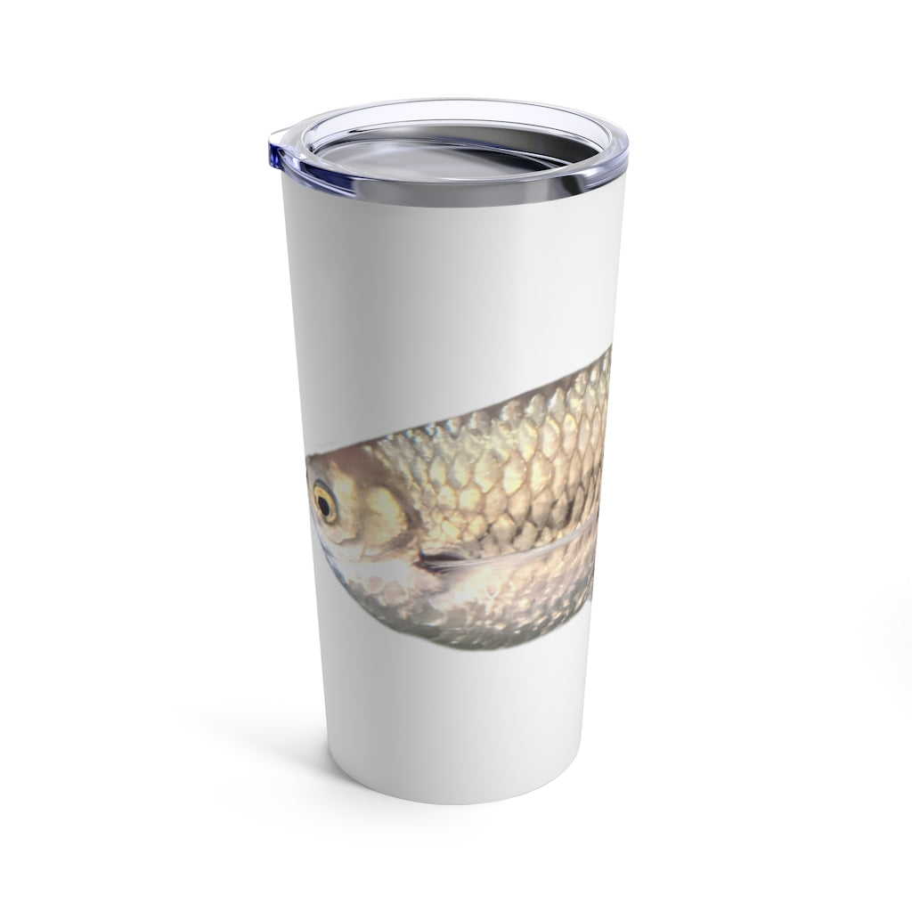 A sleek Silver Fish Tumbler 20oz made of stainless steel with a see-thru plastic lid, perfect for travel and outdoor use.