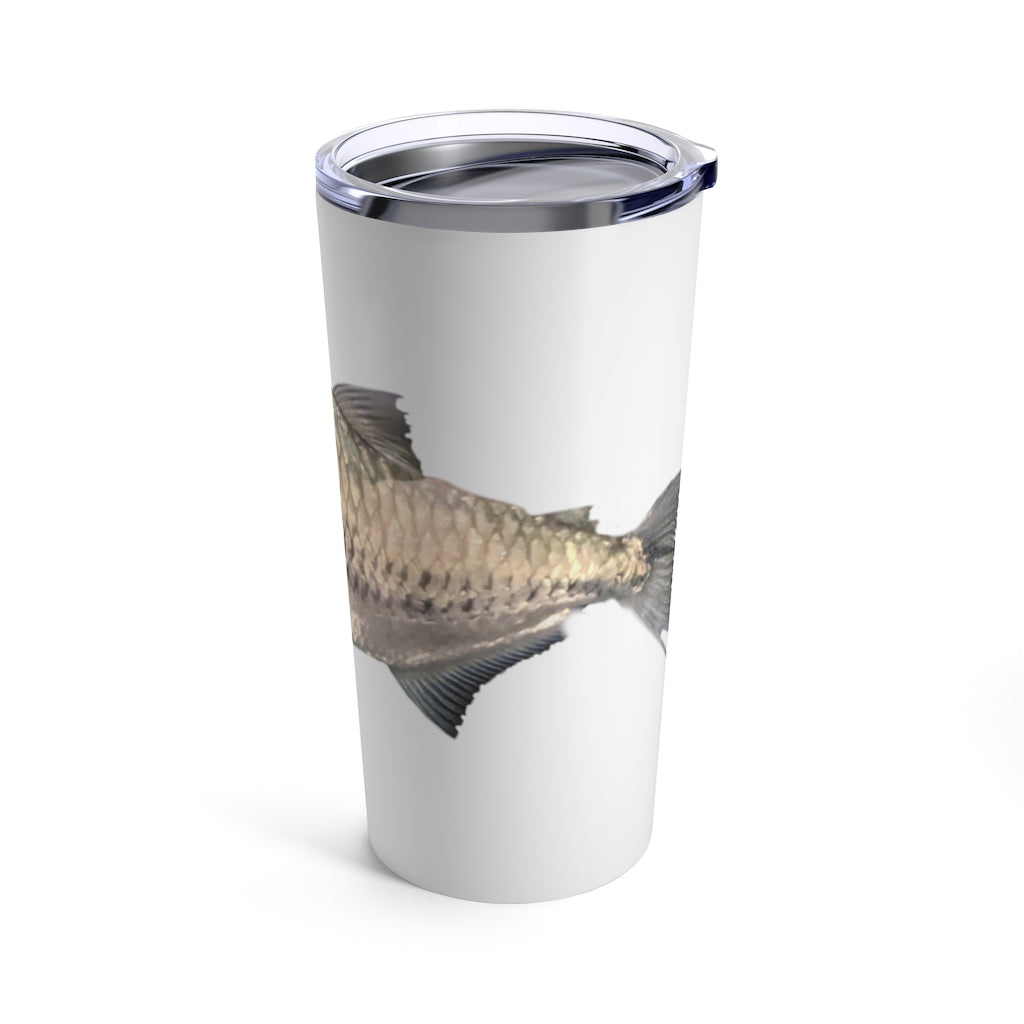 A sleek Silver Fish Tumbler 20oz made of stainless steel with a see-thru plastic lid, perfect for travel and outdoor use.