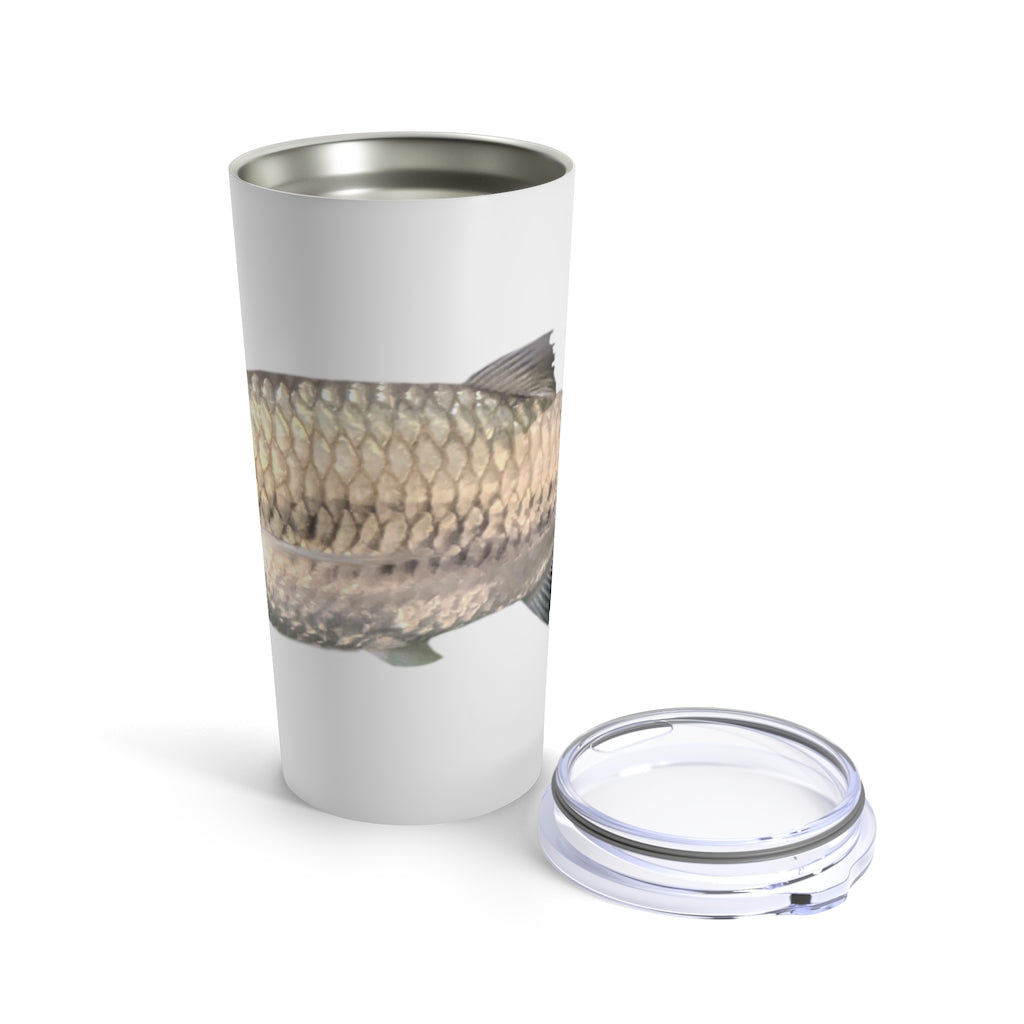 A sleek Silver Fish Tumbler 20oz made of stainless steel with a see-thru plastic lid, perfect for travel and outdoor use.