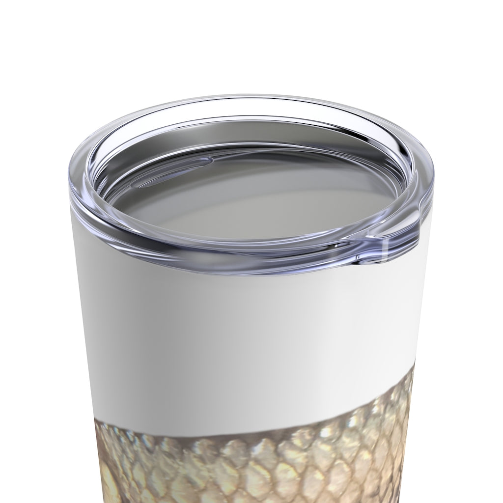 A sleek Silver Fish Tumbler 20oz made of stainless steel with a see-thru plastic lid, perfect for travel and outdoor use.