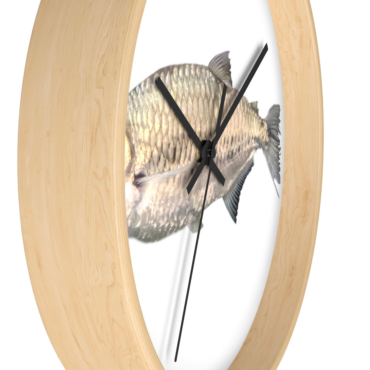 A stylish Silver Fish Wall Clock with a wooden frame and plexiglass face, featuring a unique fish design, perfect for indoor decor.