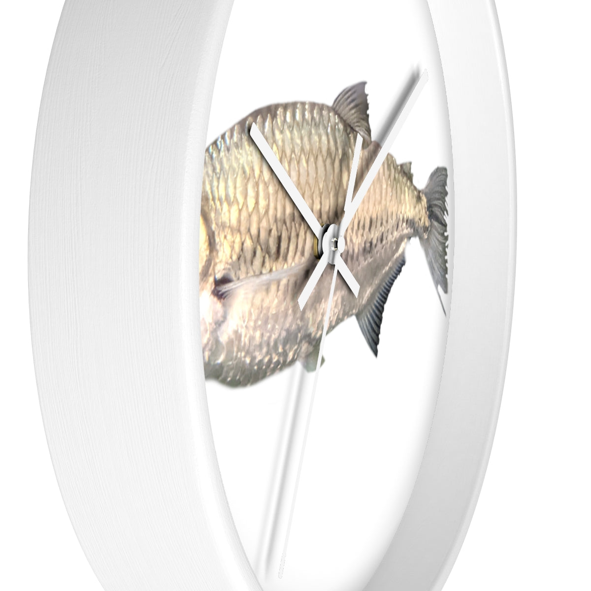 A stylish Silver Fish Wall Clock with a wooden frame and plexiglass face, featuring a unique fish design, perfect for indoor decor.