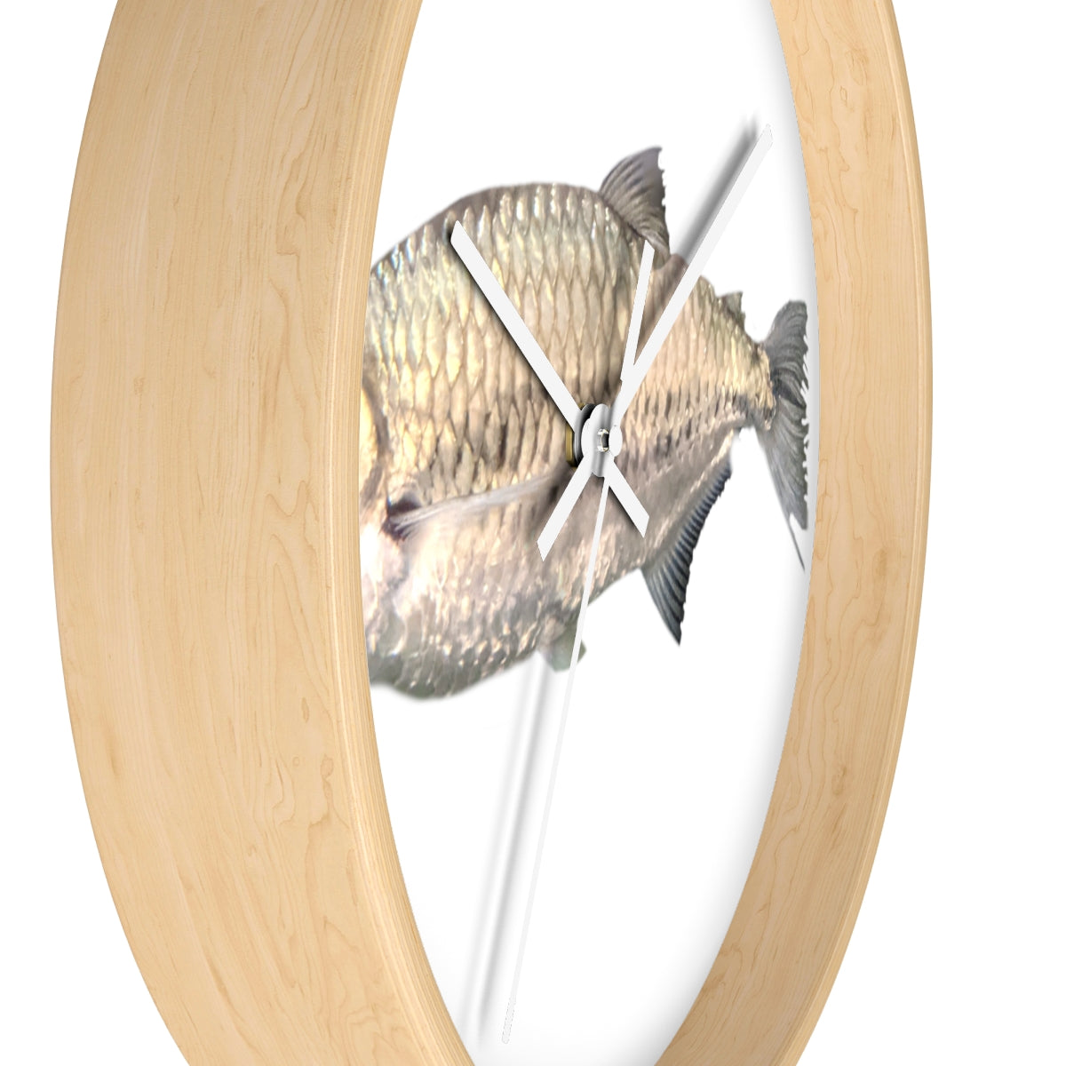 A stylish Silver Fish Wall Clock with a wooden frame and plexiglass face, featuring a unique fish design, perfect for indoor decor.