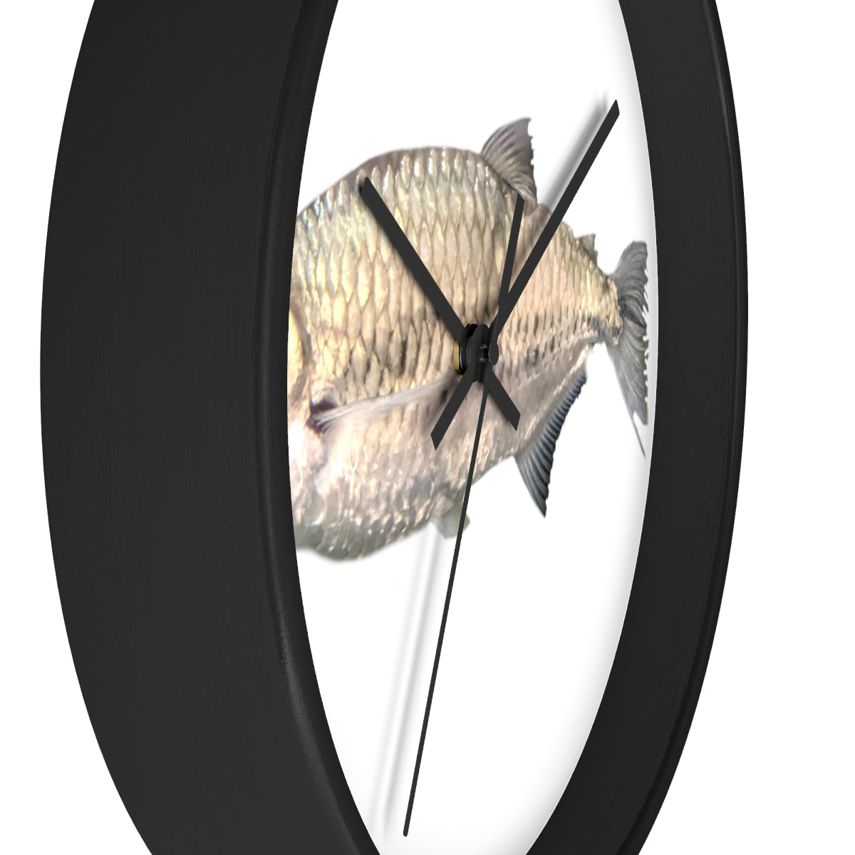 A stylish Silver Fish Wall Clock with a wooden frame and plexiglass face, featuring a unique fish design, perfect for indoor decor.