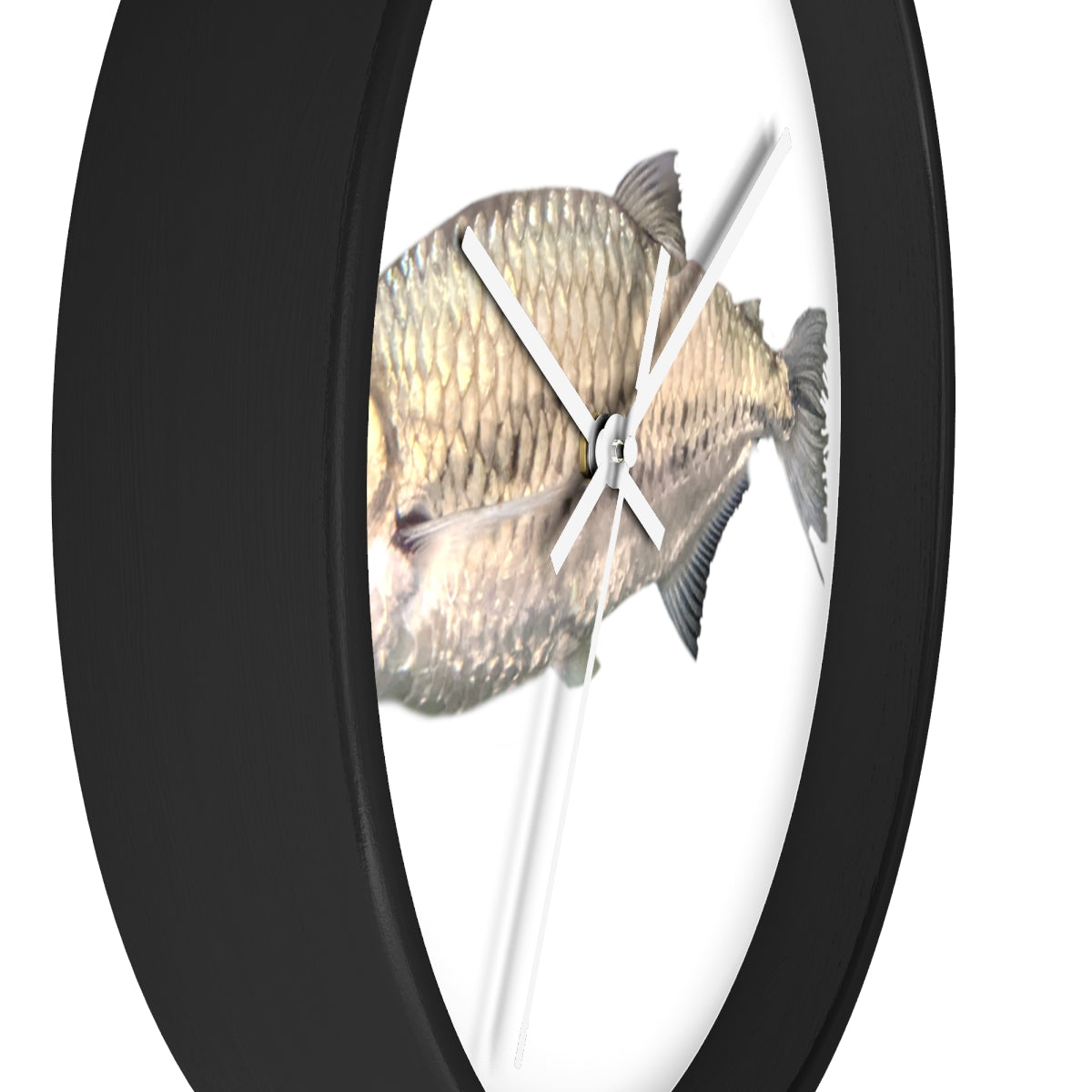 A stylish Silver Fish Wall Clock with a wooden frame and plexiglass face, featuring a unique fish design, perfect for indoor decor.