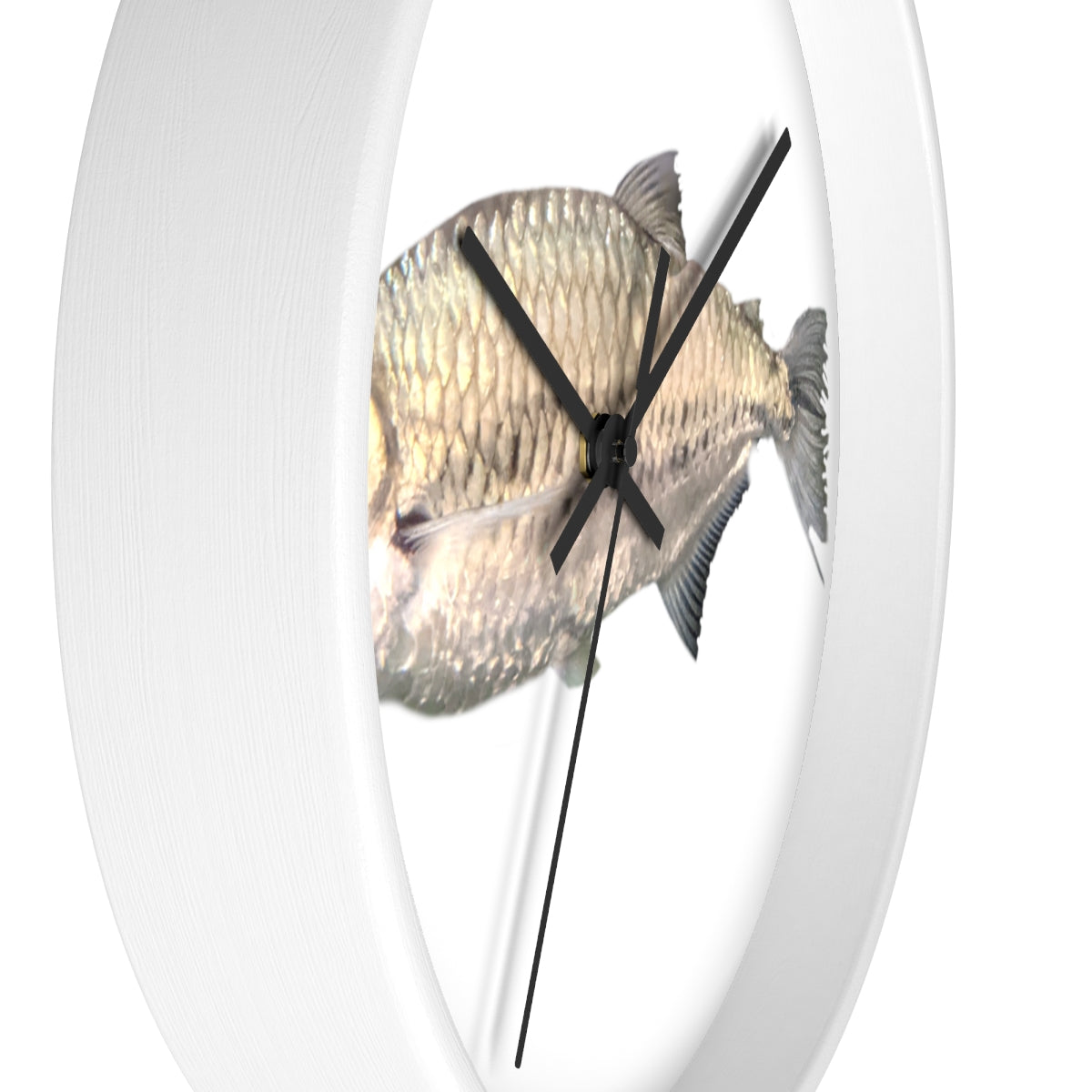 A stylish Silver Fish Wall Clock with a wooden frame and plexiglass face, featuring a unique fish design, perfect for indoor decor.