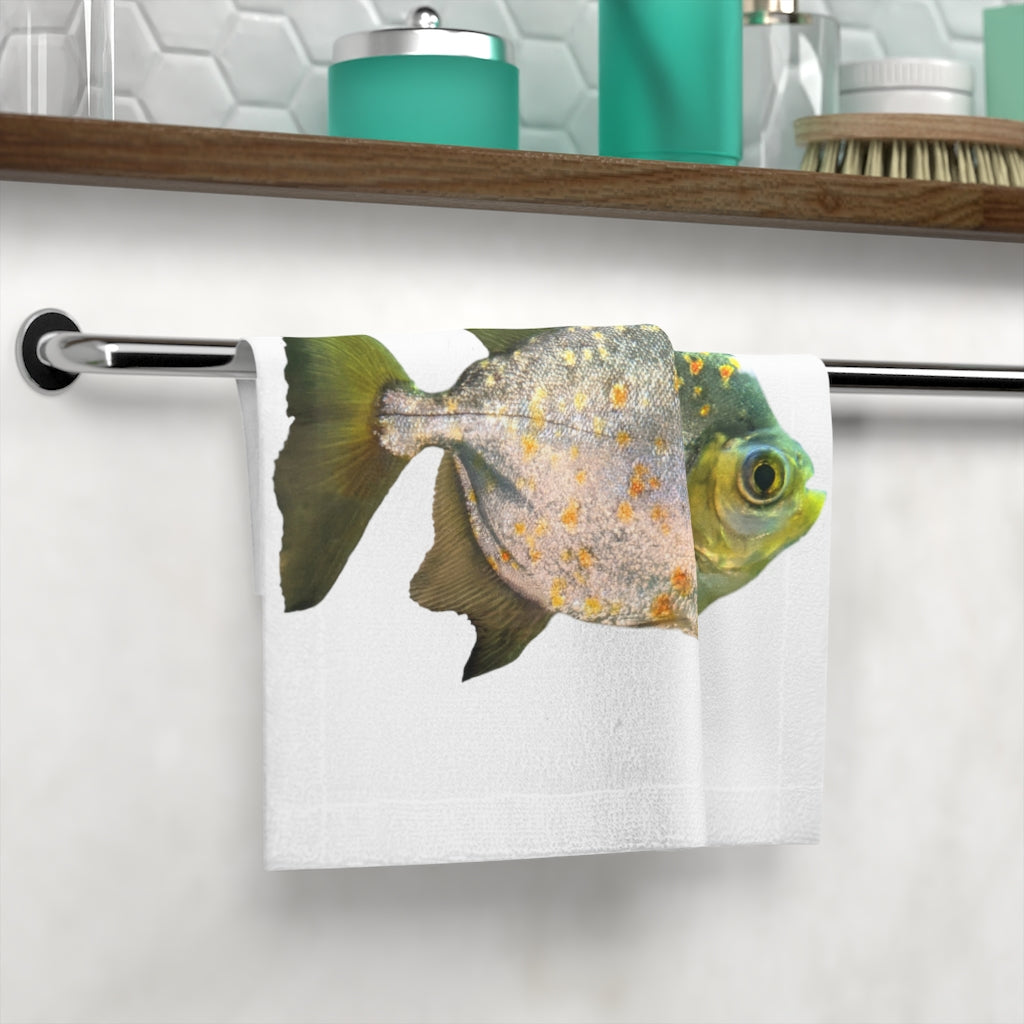 A stylish face towel featuring a silver fish with specs design, made from a soft polyester front and absorbent cotton back.