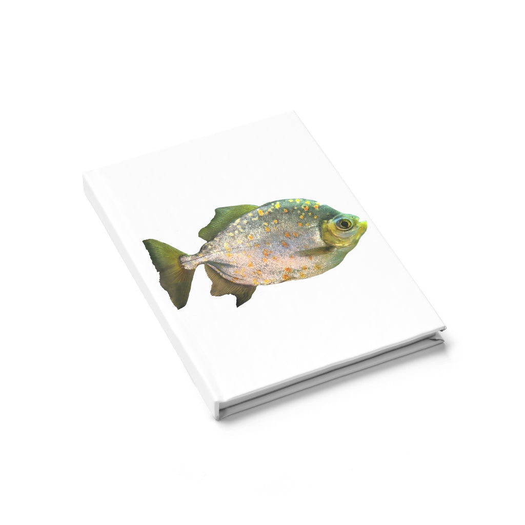 A hardcover journal featuring a silver fish design with glasses, showcasing a vibrant wraparound print.