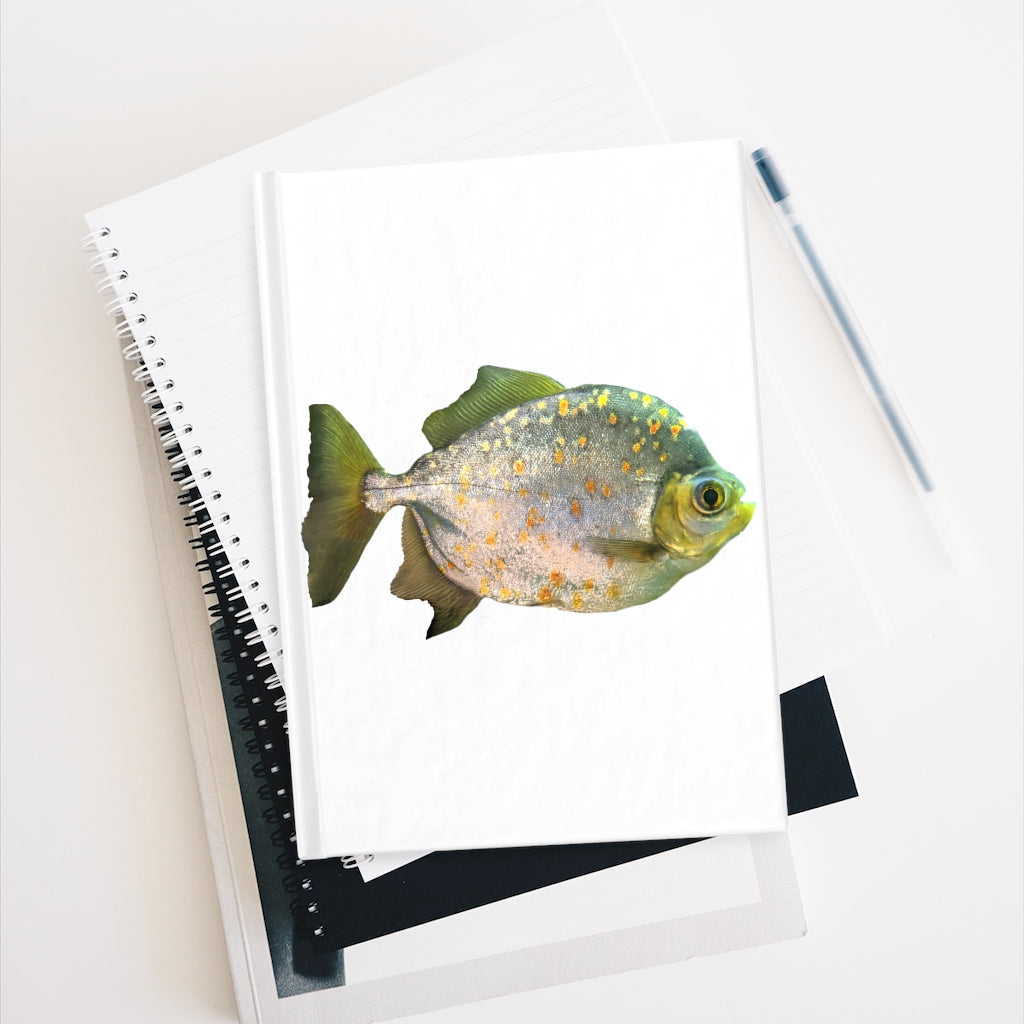 A hardcover journal featuring a silver fish design with glasses, showcasing a vibrant wraparound print.