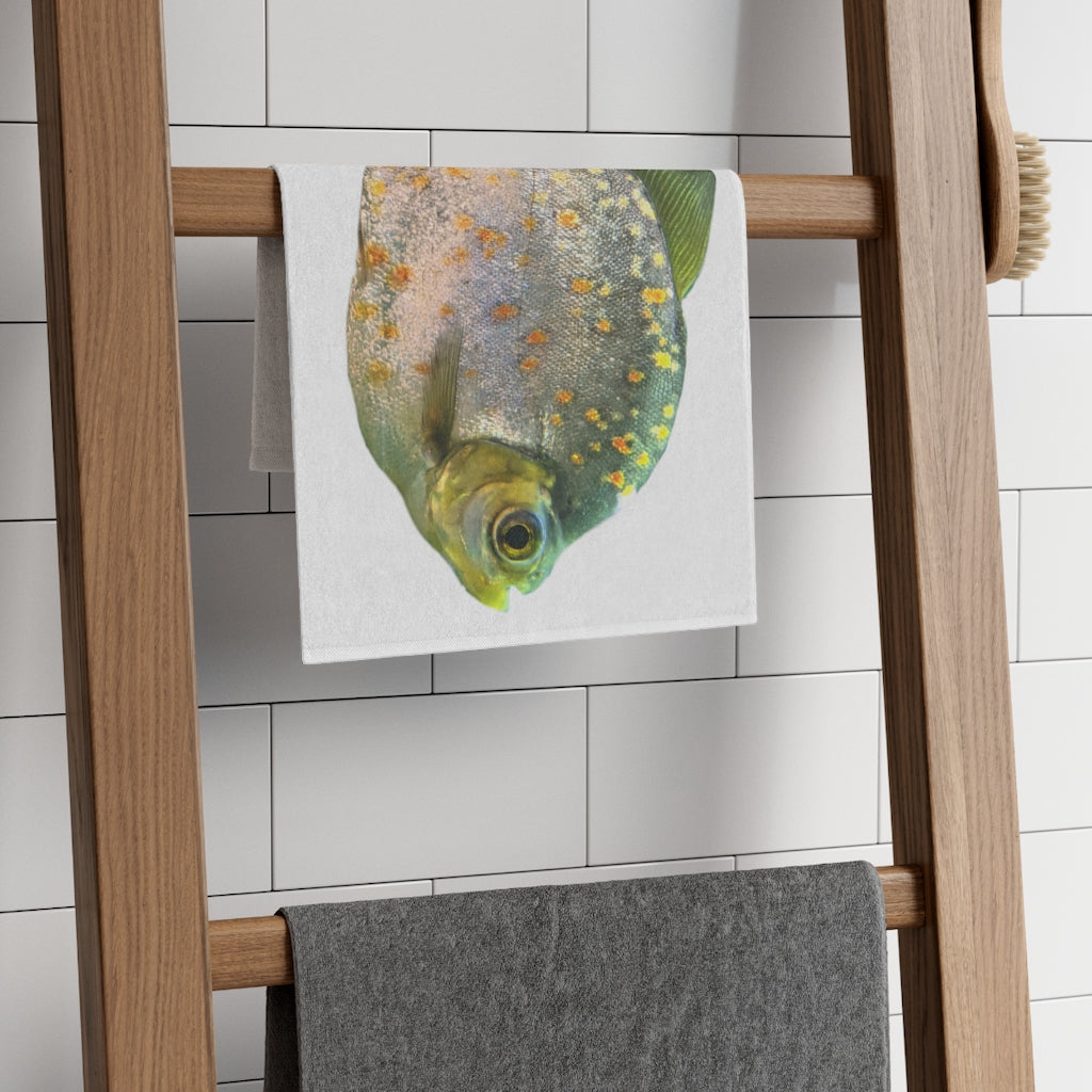 A stylish Silver Fish with Specs Rally Towel, featuring a soft printed mink polyester front and absorbent cotton loop backing, measuring 11x18 inches.