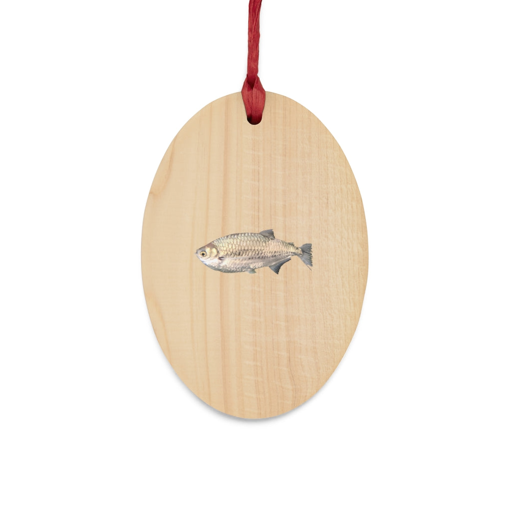 A collection of Silver Fish Wooden Christmas Ornaments in various whimsical shapes, featuring a rustic wood finish and red ribbons for hanging.