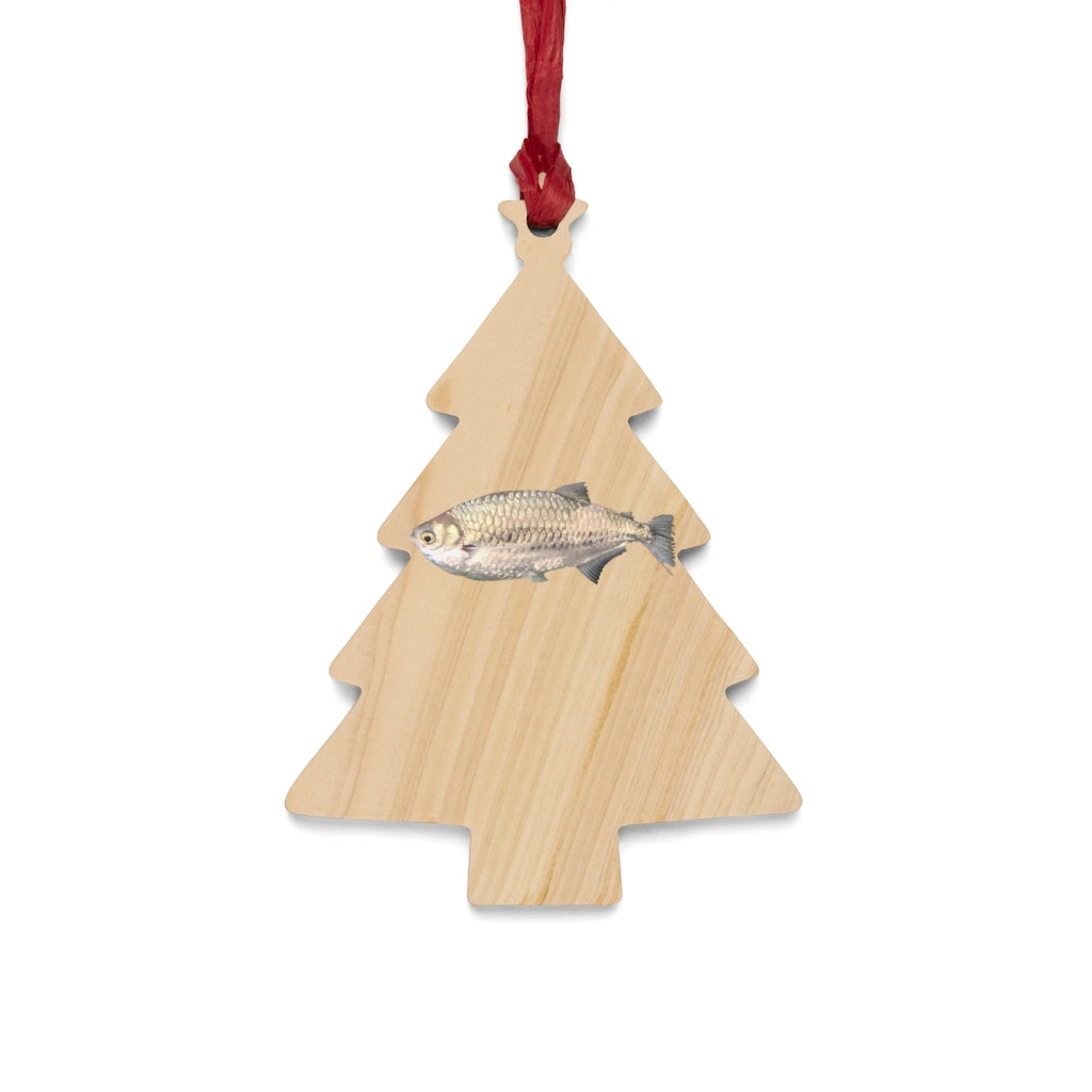 A collection of Silver Fish Wooden Christmas Ornaments in various whimsical shapes, featuring a rustic wood finish and red ribbons for hanging.