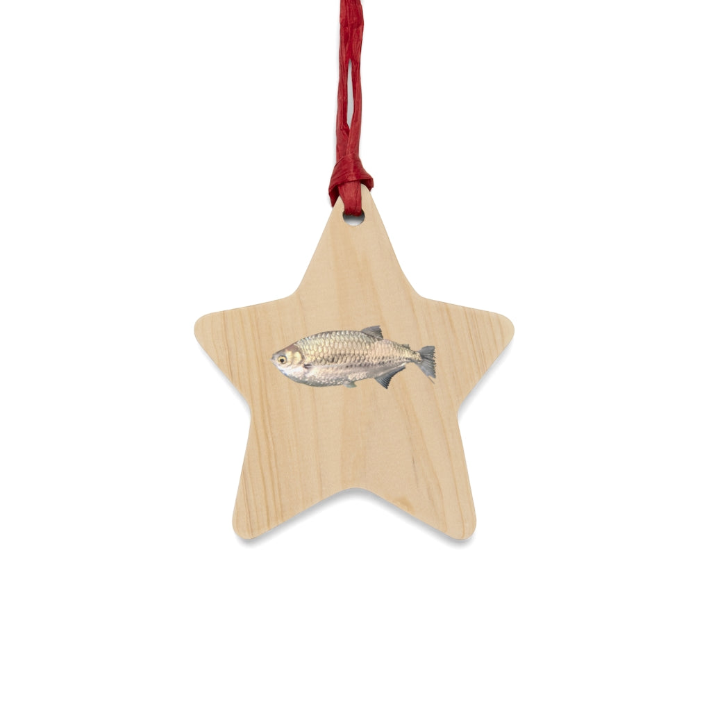 A collection of Silver Fish Wooden Christmas Ornaments in various whimsical shapes, featuring a rustic wood finish and red ribbons for hanging.