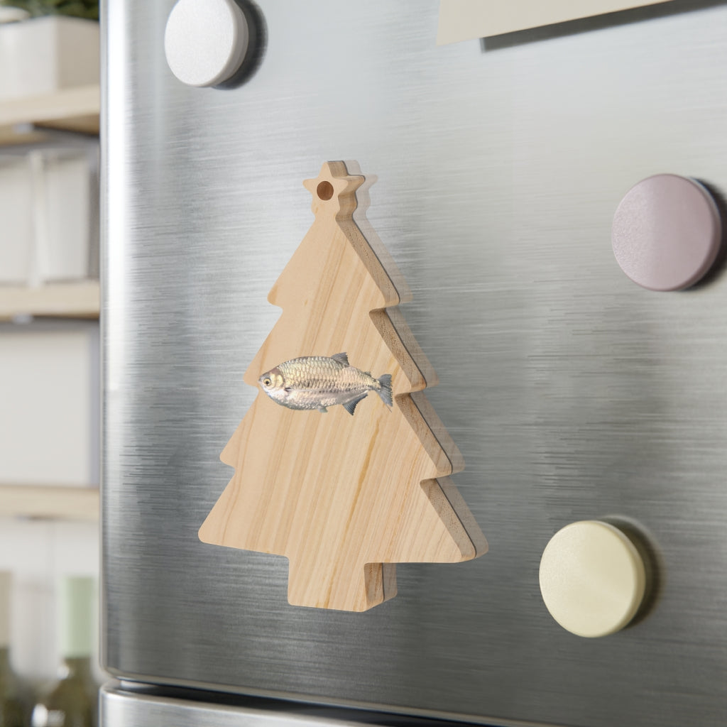 A collection of Silver Fish Wooden Christmas Ornaments in various whimsical shapes, featuring a rustic wood finish and red ribbons for hanging.