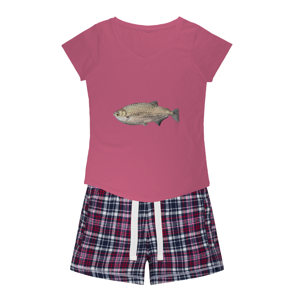 Silver Fish Women's Sleepy Tee and Flannel Short set featuring a relaxed fit T-shirt and vibrant flannel shorts, perfect for cozy nights.