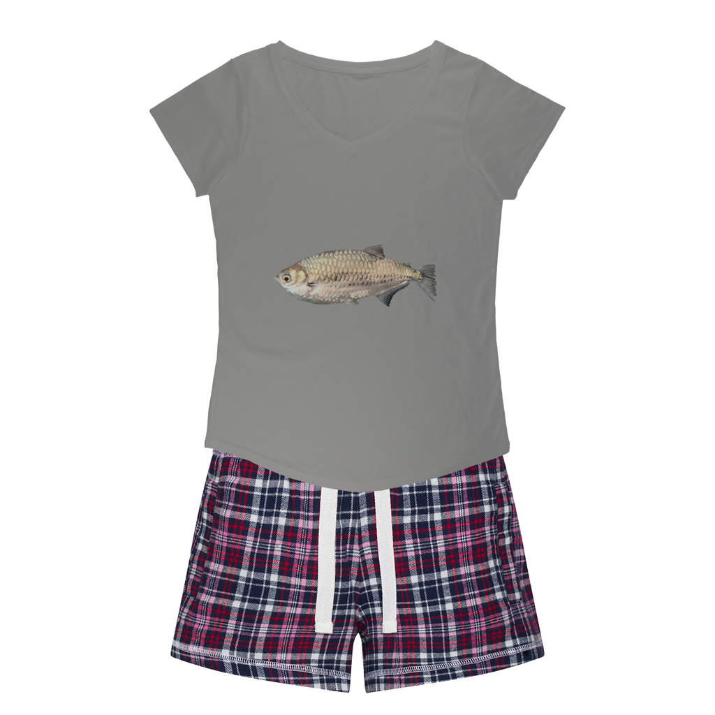 Silver Fish Women's Sleepy Tee and Flannel Short set featuring a relaxed fit T-shirt and vibrant flannel shorts, perfect for cozy nights.