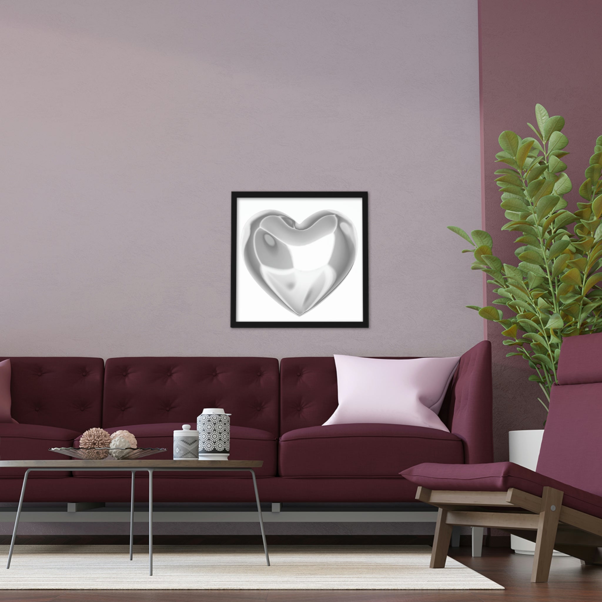 A beautifully framed Silver Heart Poster with a hand-crafted wooden frame, showcasing elegant design and vibrant colors.