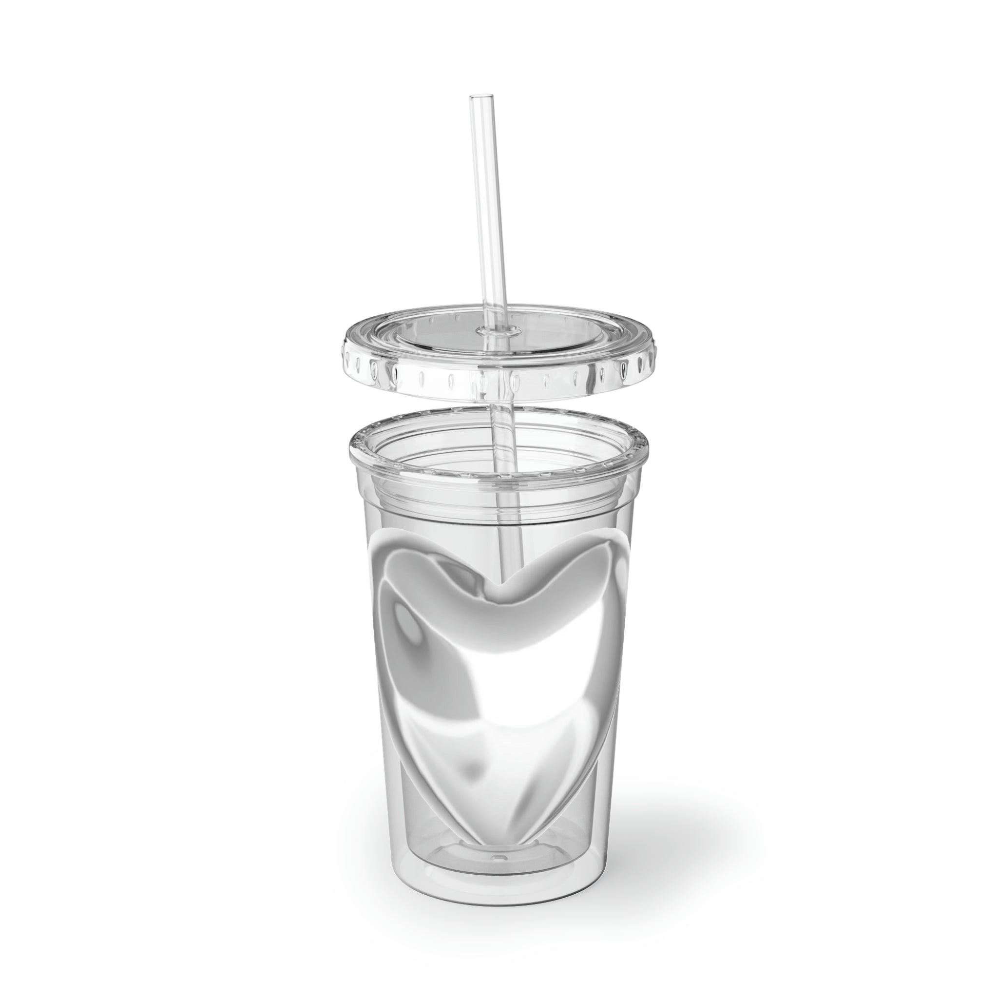 Silver Heart Suave Acrylic Cup with a sleek stainless steel design, featuring a plastic straw and customizable print area.