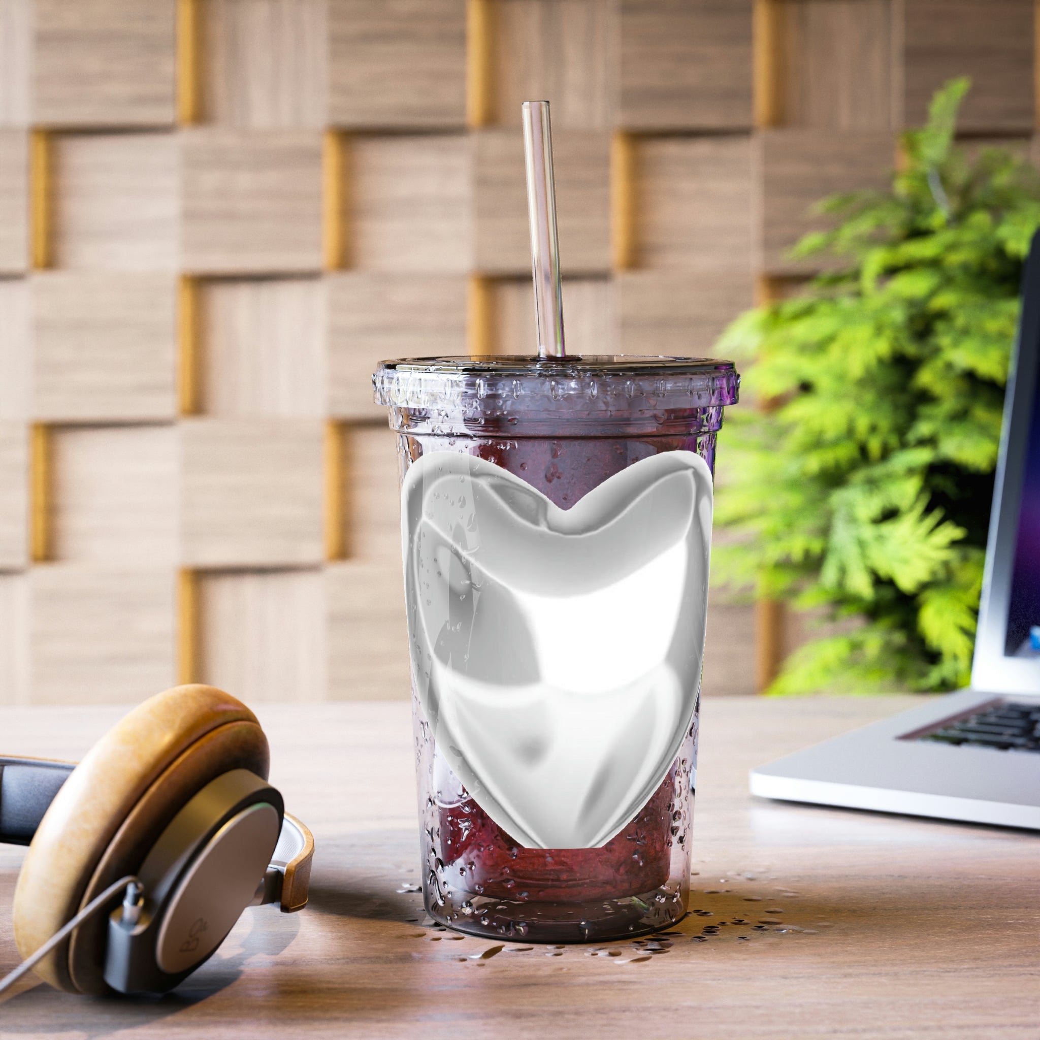 Silver Heart Suave Acrylic Cup with a sleek stainless steel design, featuring a plastic straw and customizable print area.