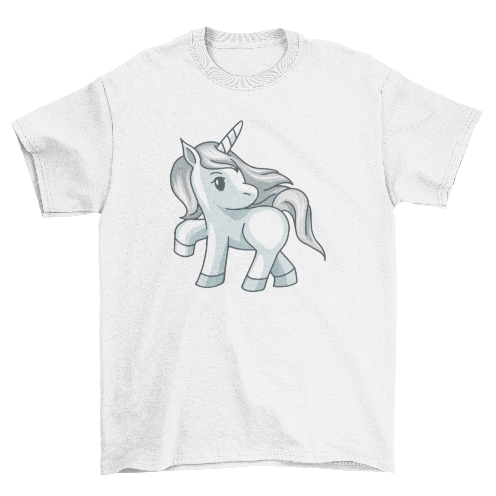 A cute silver-haired unicorn illustrated on a soft t-shirt, showcasing its magical design.