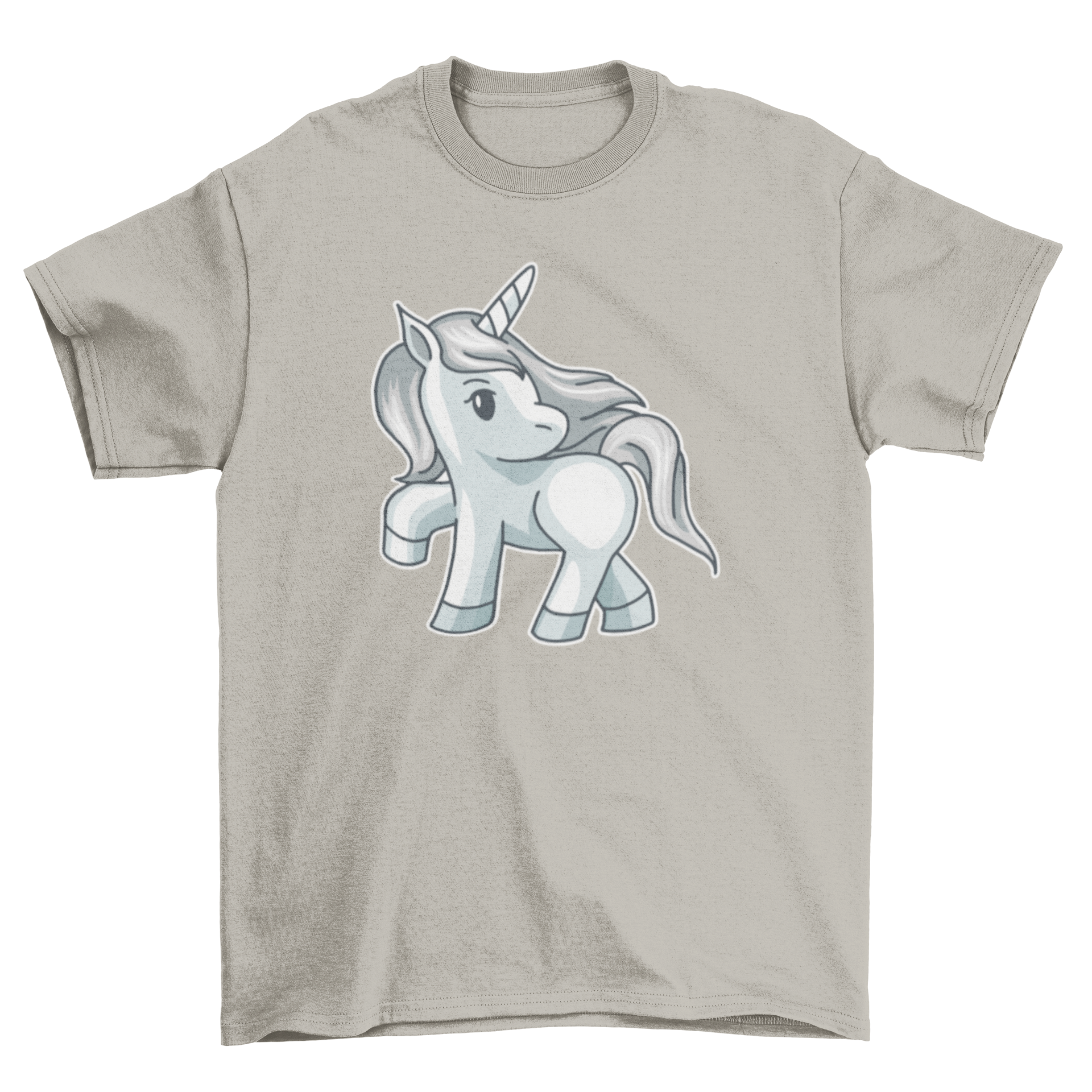 A cute silver-haired unicorn illustrated on a soft t-shirt, showcasing its magical design.