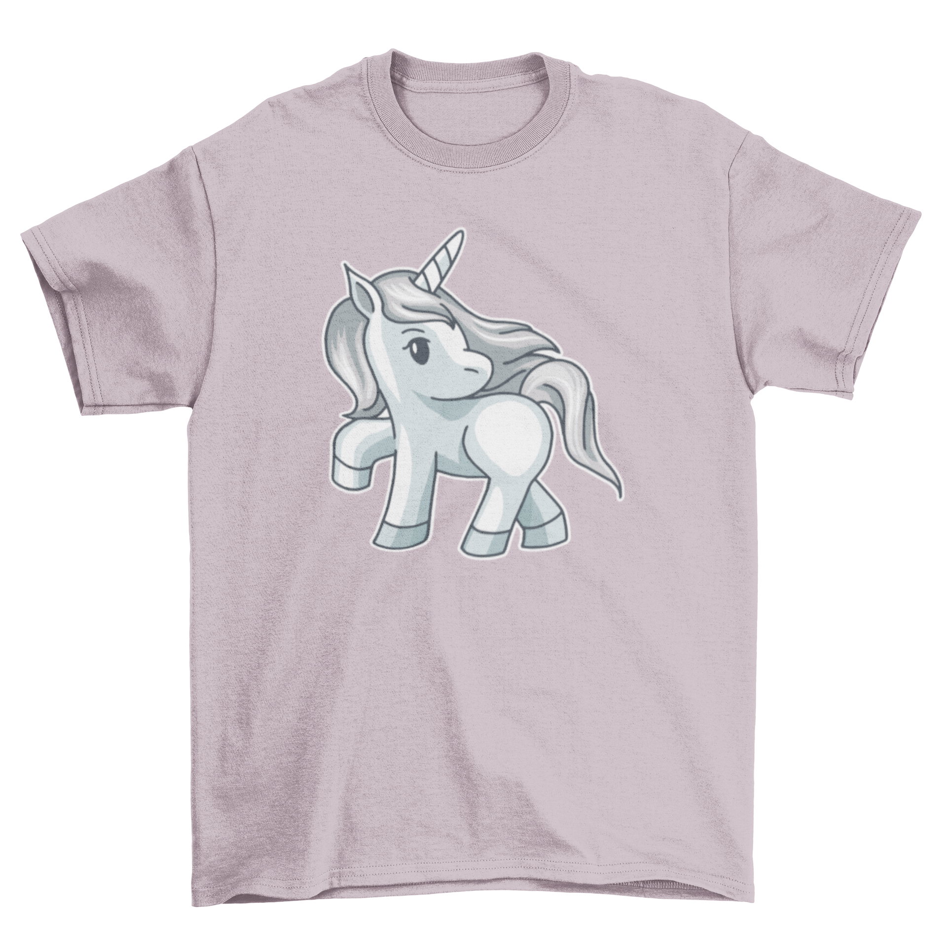 A cute silver-haired unicorn illustrated on a soft t-shirt, showcasing its magical design.