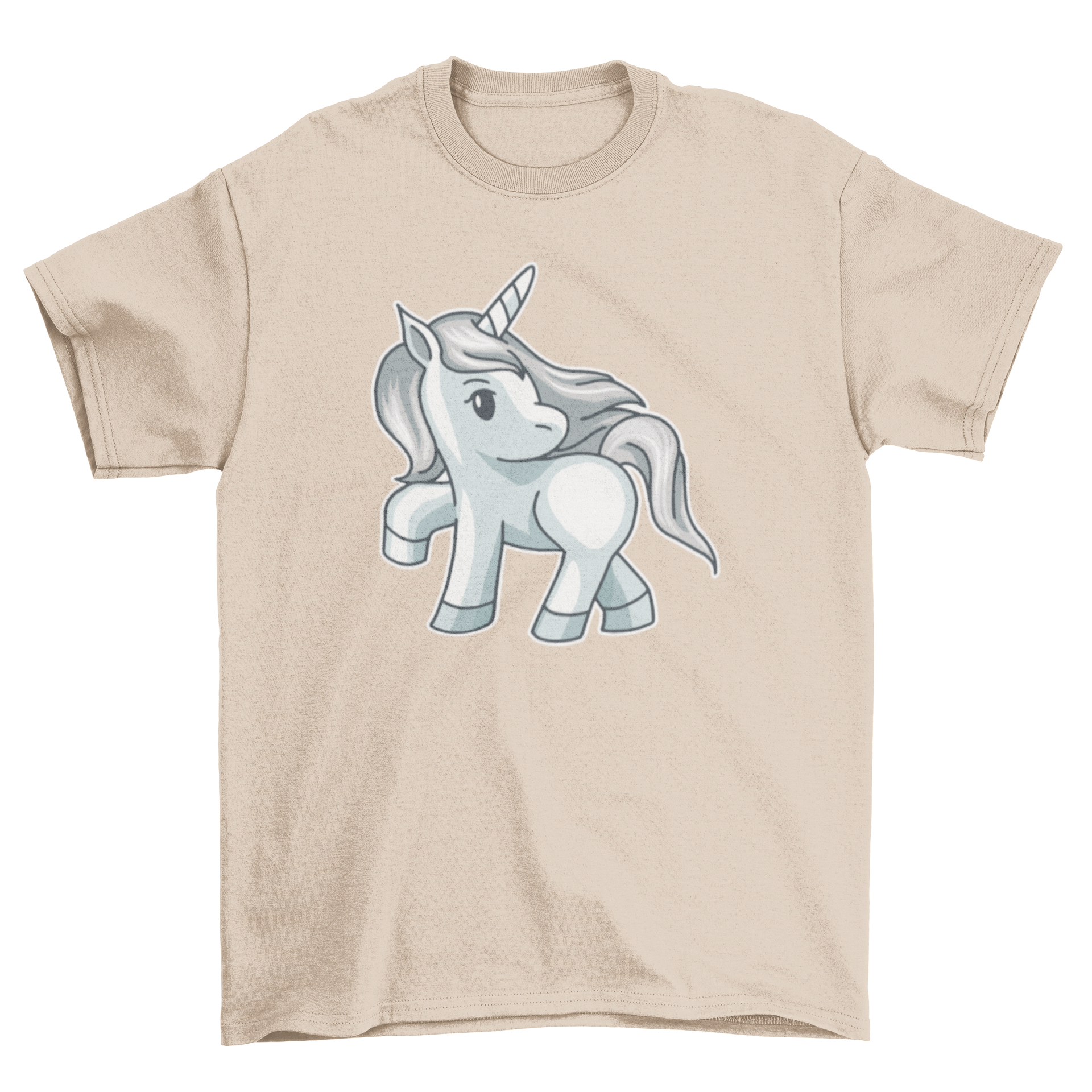 A cute silver-haired unicorn illustrated on a soft t-shirt, showcasing its magical design.