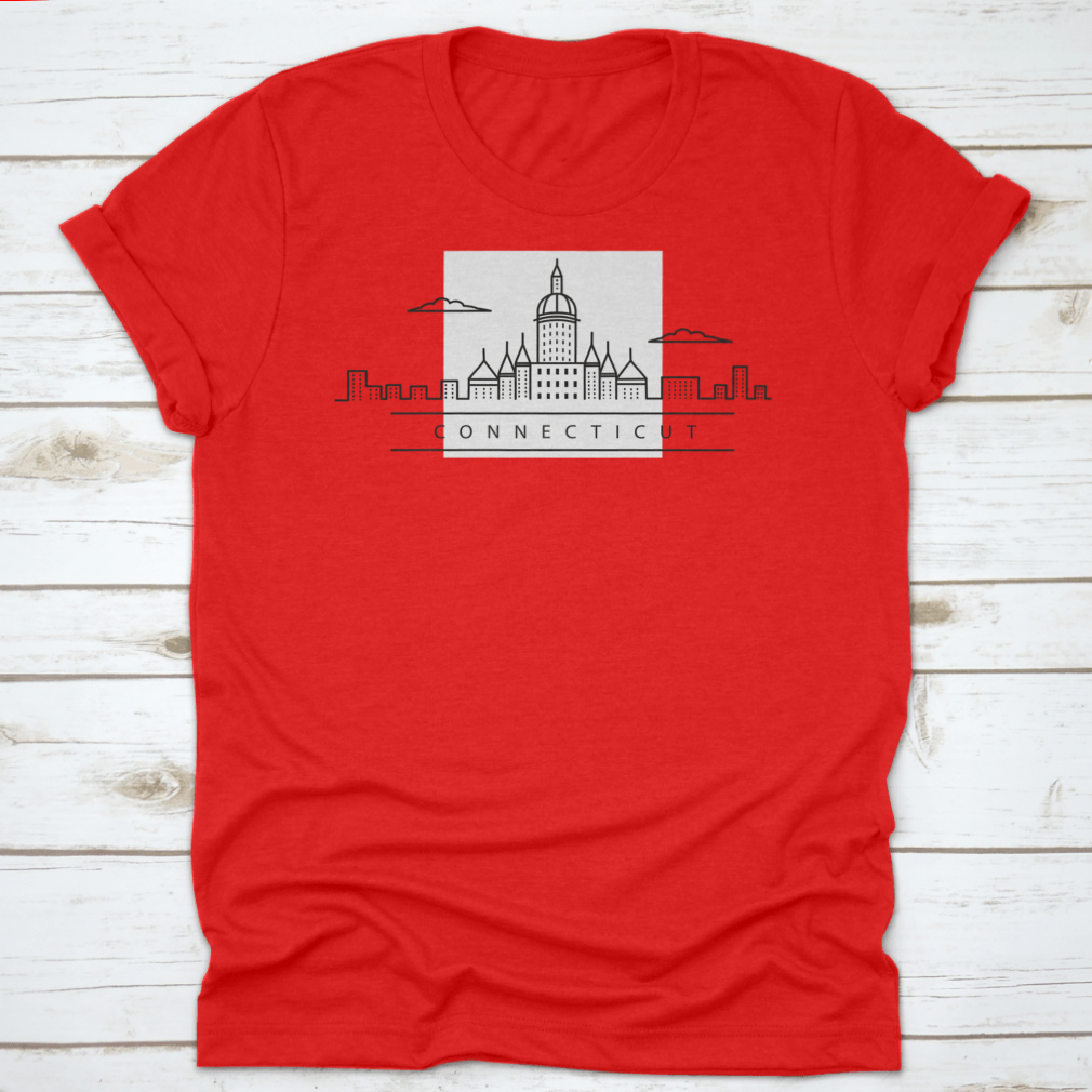 A minimalist line drawing of the city skyline of Connecticut, USA, printed on a comfortable cotton shirt.