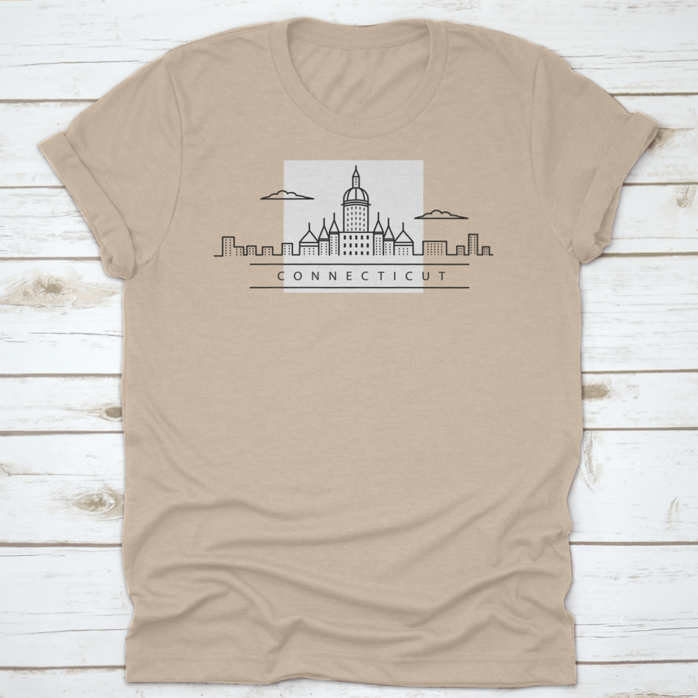 A minimalist line drawing of the city skyline of Connecticut, USA, printed on a comfortable cotton shirt.