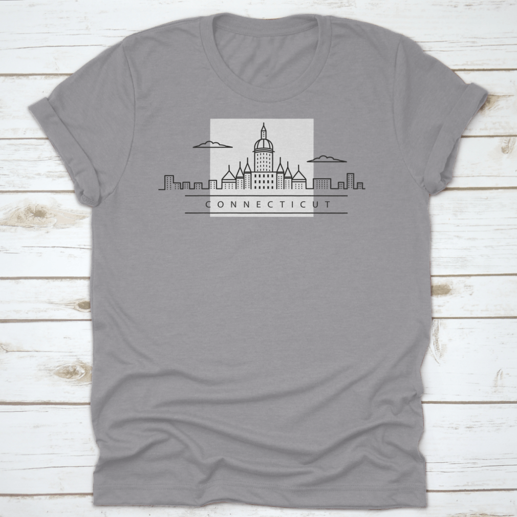 A minimalist line drawing of the city skyline of Connecticut, USA, printed on a comfortable cotton shirt.