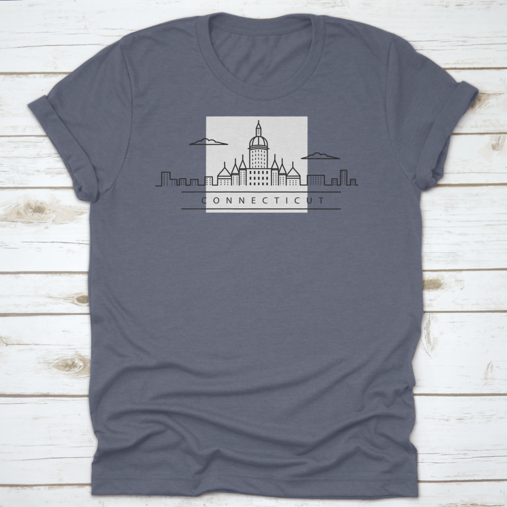 A minimalist line drawing of the city skyline of Connecticut, USA, printed on a comfortable cotton shirt.