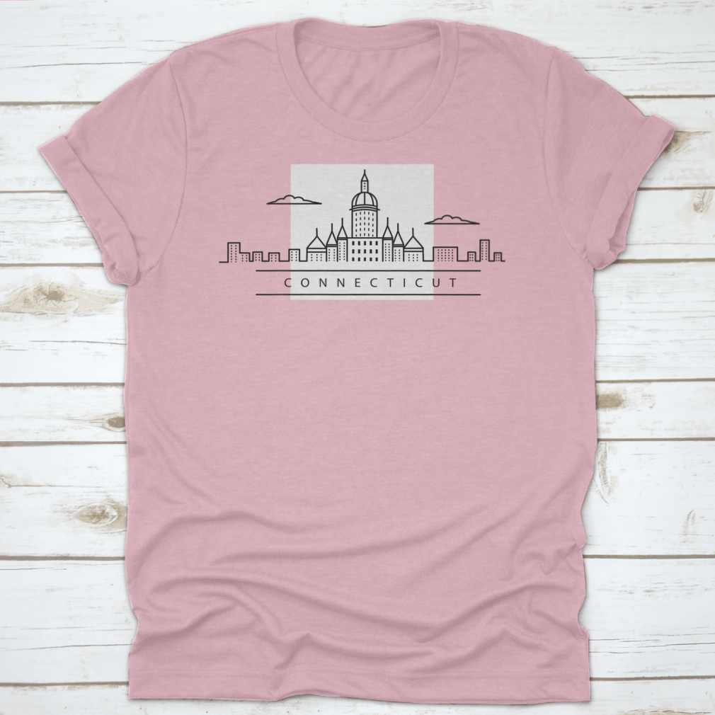 A minimalist line drawing of the city skyline of Connecticut, USA, printed on a comfortable cotton shirt.