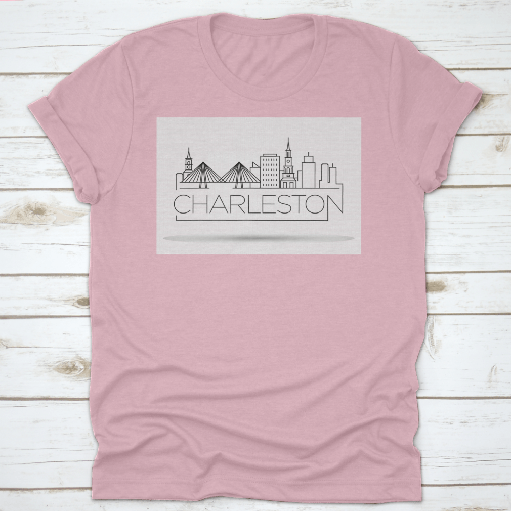 A stylish Simple Minimal Charleston T-shirt featuring a linear city skyline design in a typographic style, made from soft cotton fabric.