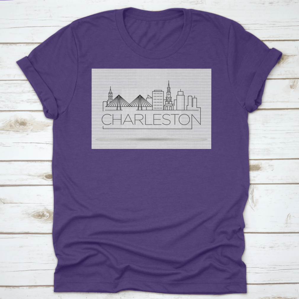 A stylish Simple Minimal Charleston T-shirt featuring a linear city skyline design in a typographic style, made from soft cotton fabric.