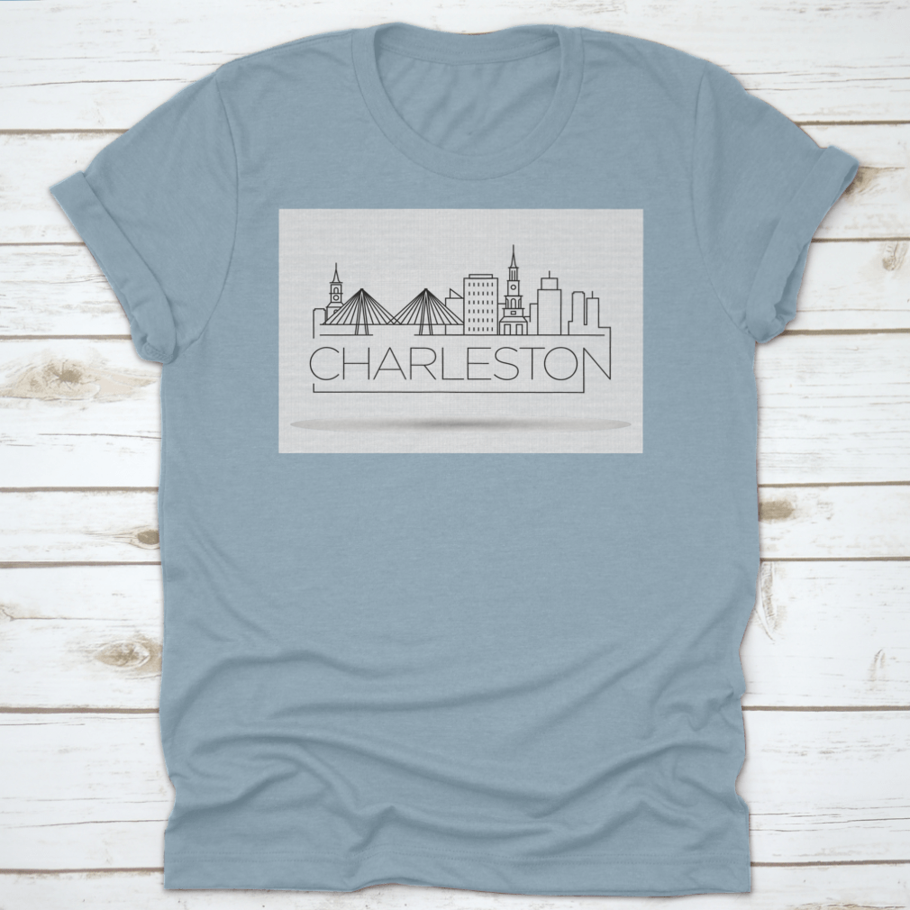 A stylish Simple Minimal Charleston T-shirt featuring a linear city skyline design in a typographic style, made from soft cotton fabric.