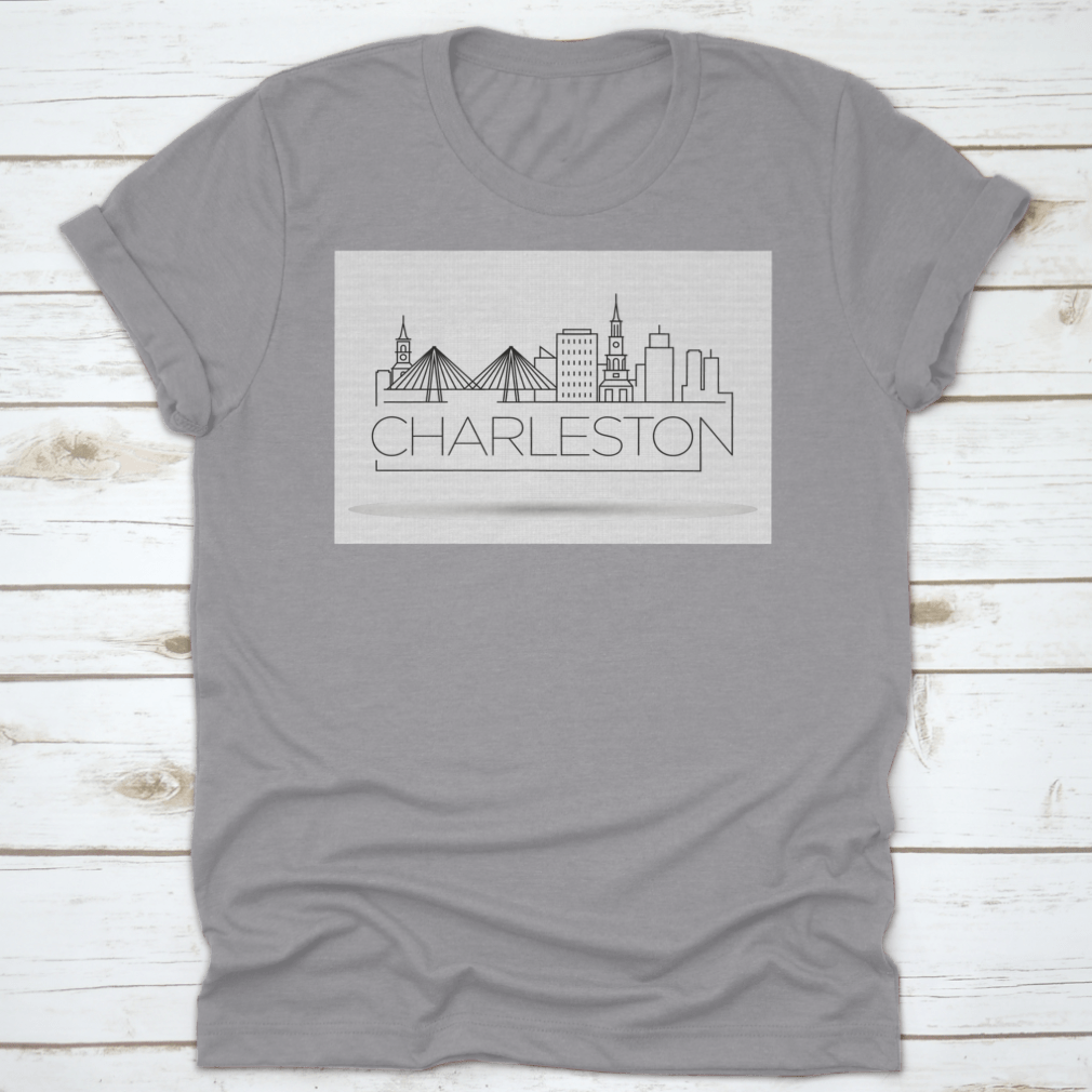 A stylish Simple Minimal Charleston T-shirt featuring a linear city skyline design in a typographic style, made from soft cotton fabric.