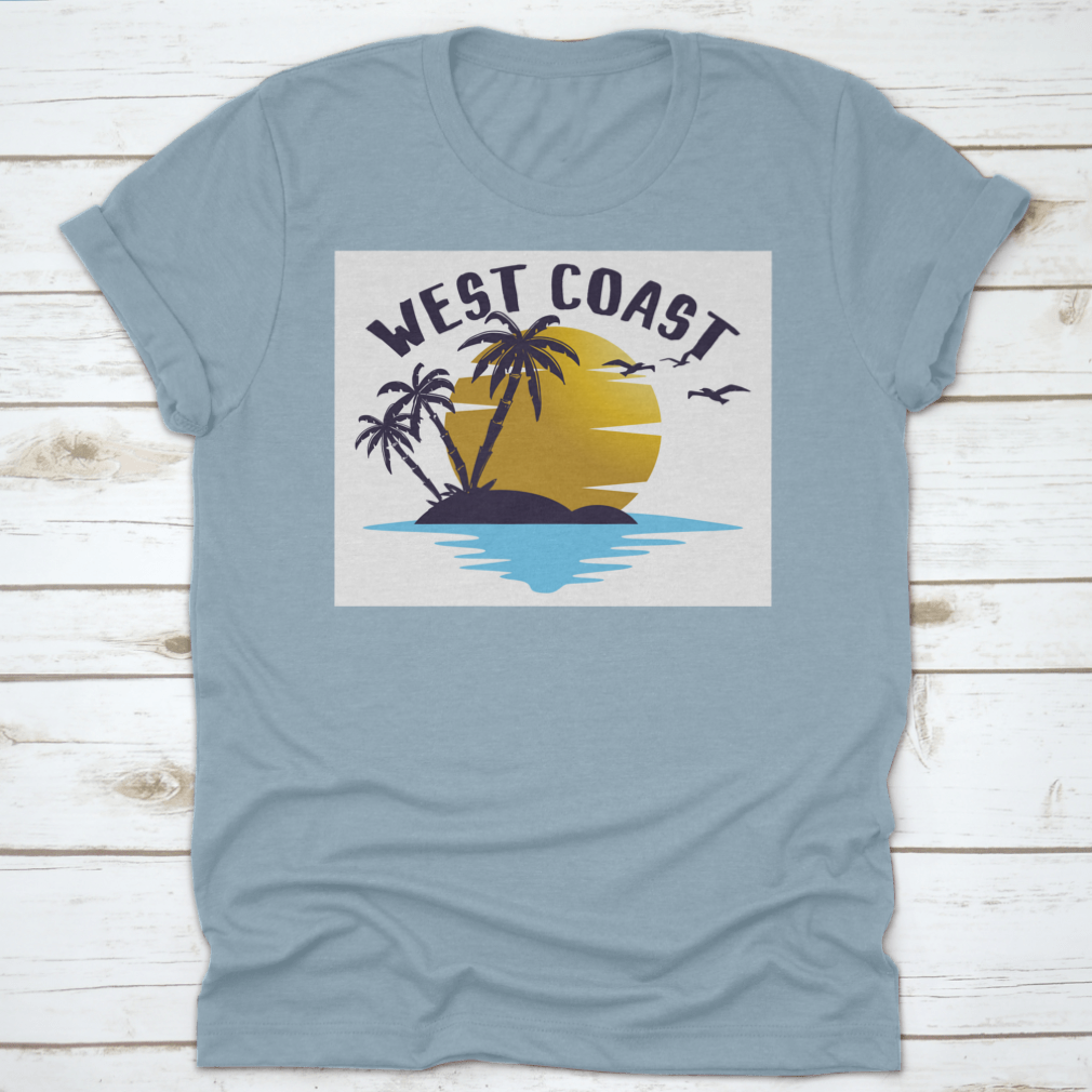 A stylish t-shirt featuring a sunset, bird, and tree illustration, perfect for West Coast enthusiasts.