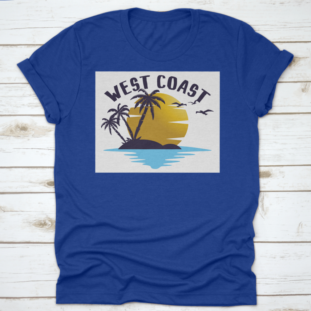 A stylish t-shirt featuring a sunset, bird, and tree illustration, perfect for West Coast enthusiasts.