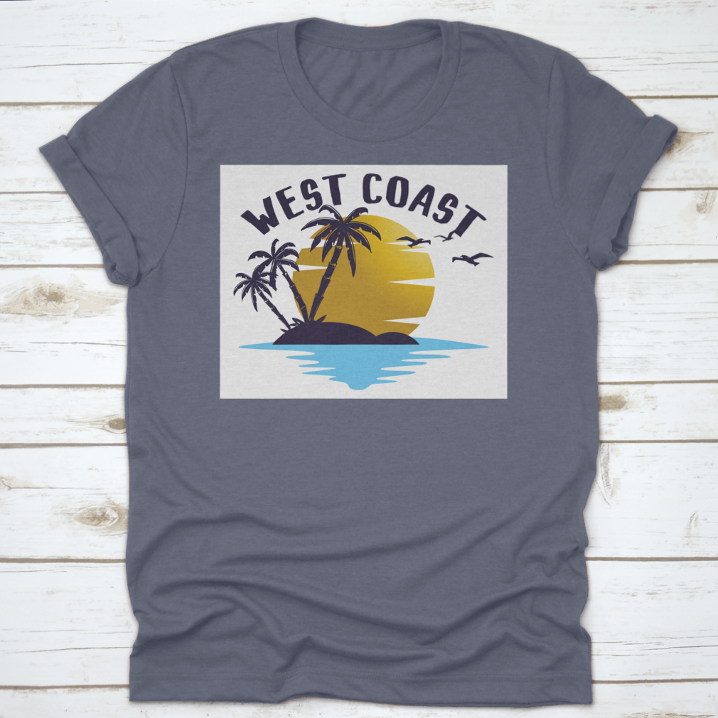 A stylish t-shirt featuring a sunset, bird, and tree illustration, perfect for West Coast enthusiasts.