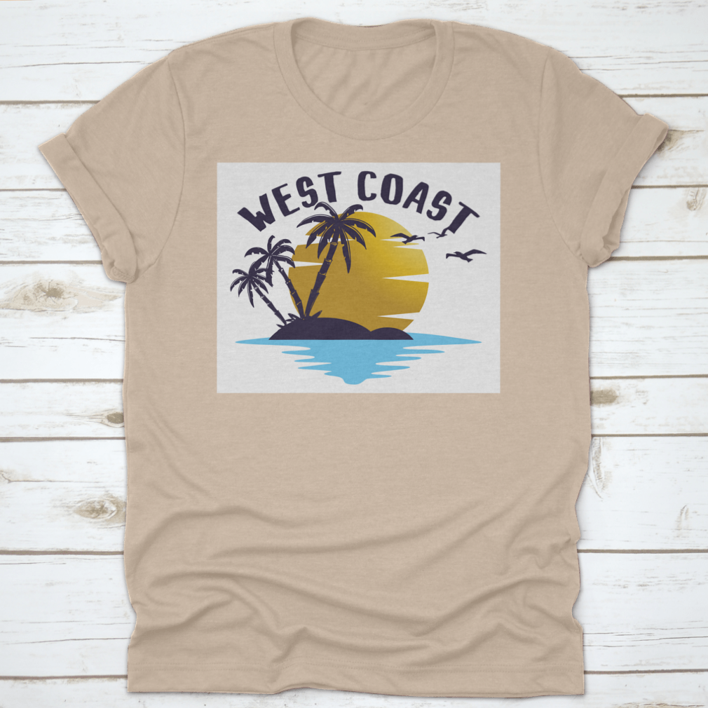 A stylish t-shirt featuring a sunset, bird, and tree illustration, perfect for West Coast enthusiasts.