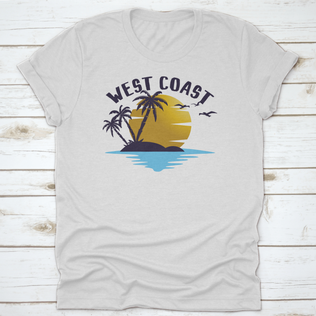 A stylish t-shirt featuring a sunset, bird, and tree illustration, perfect for West Coast enthusiasts.