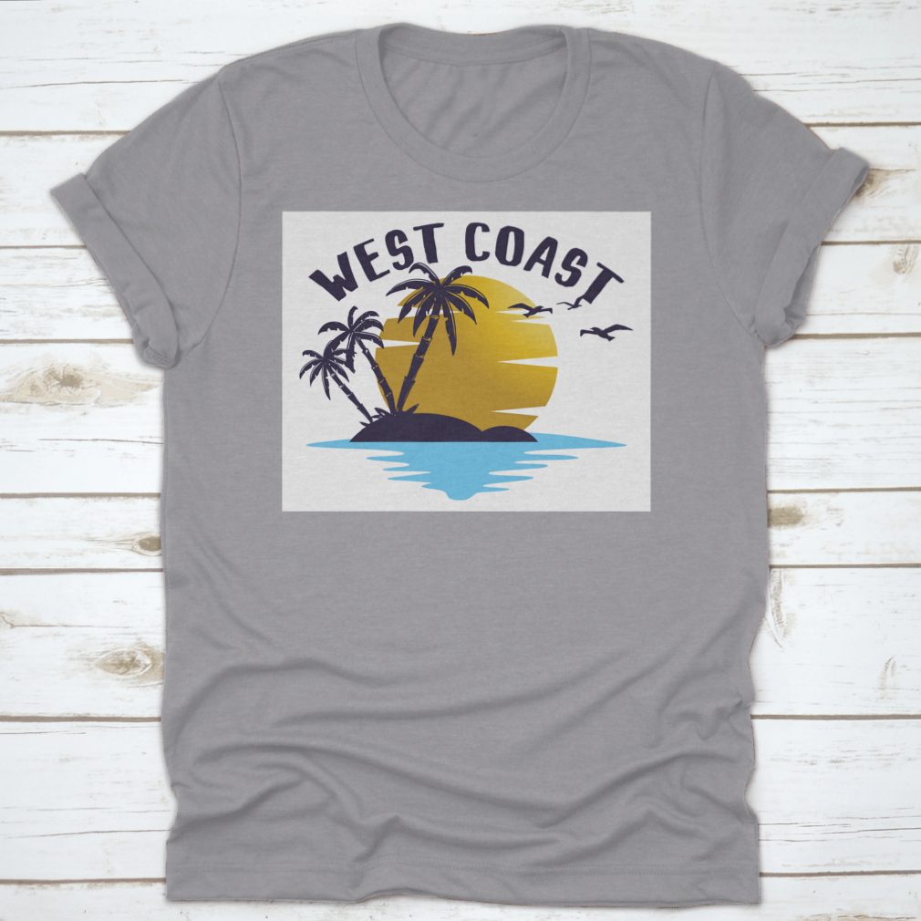 A stylish t-shirt featuring a sunset, bird, and tree illustration, perfect for West Coast enthusiasts.