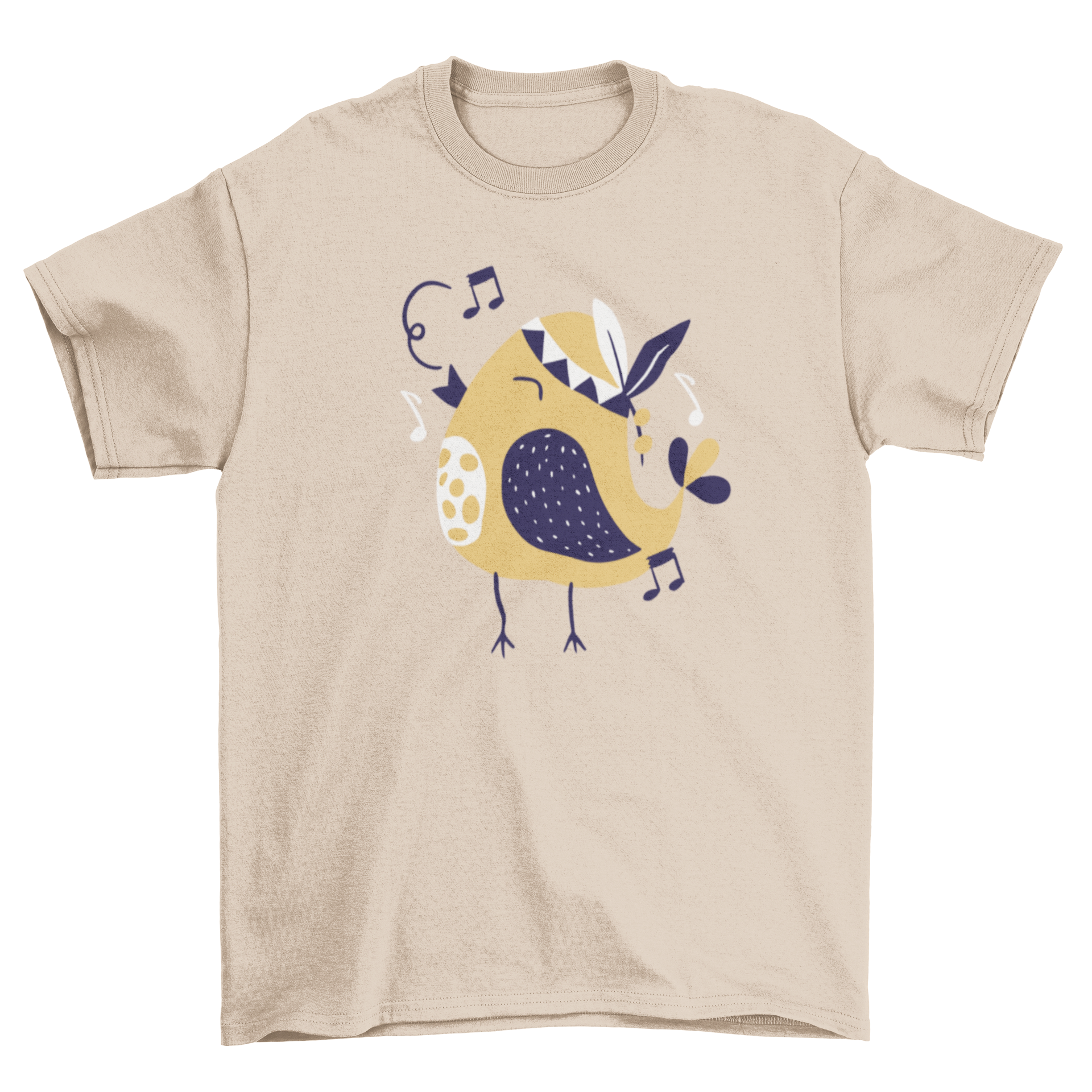 A vibrant t-shirt design featuring a singing bird surrounded by musical notes, showcasing a blend of nature and music.