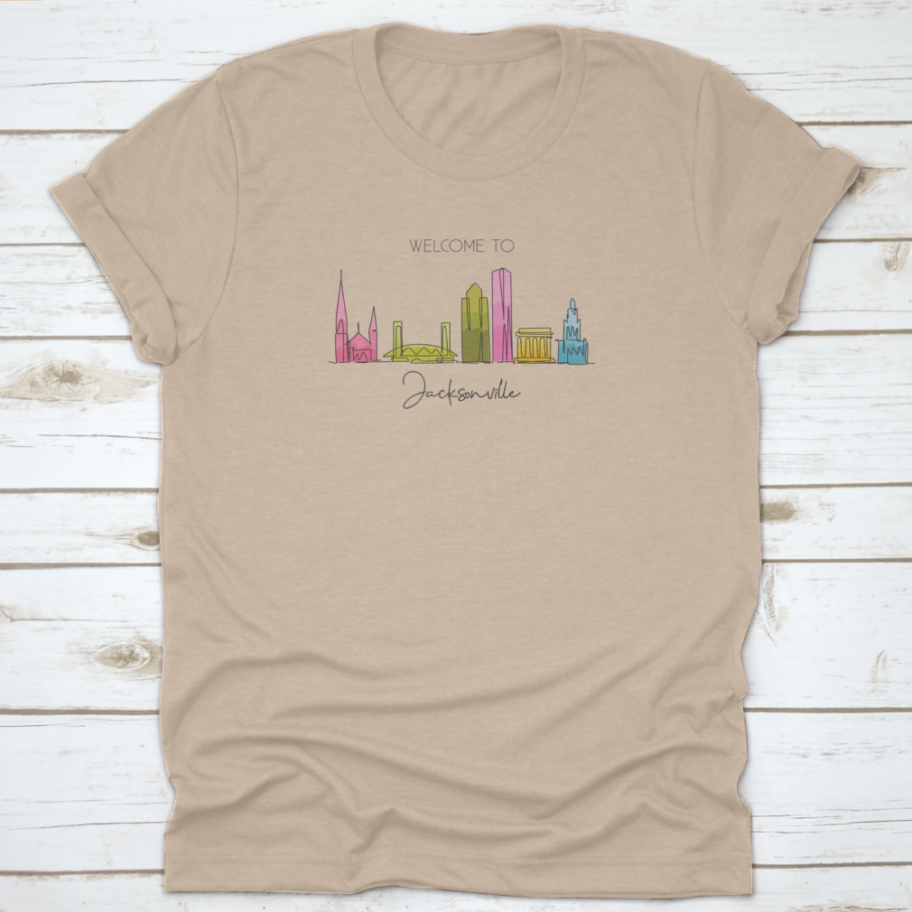 Single continuous line drawing of Jacksonville city skyline, showcasing iconic buildings in a minimalist style.