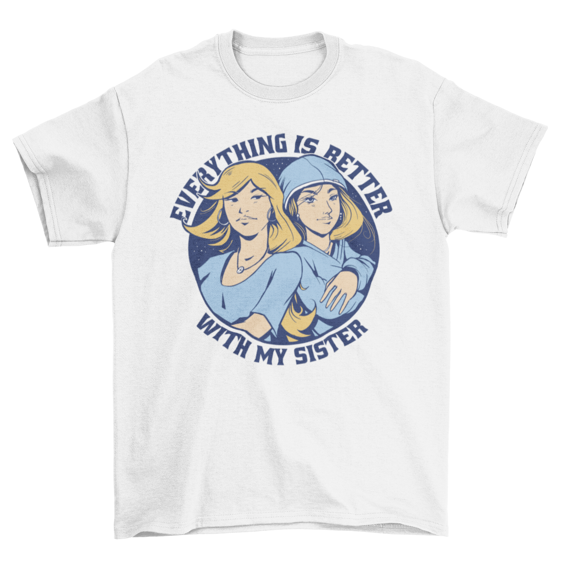 A stylish t-shirt featuring an artistic illustration of two sisters, showcasing their bond.