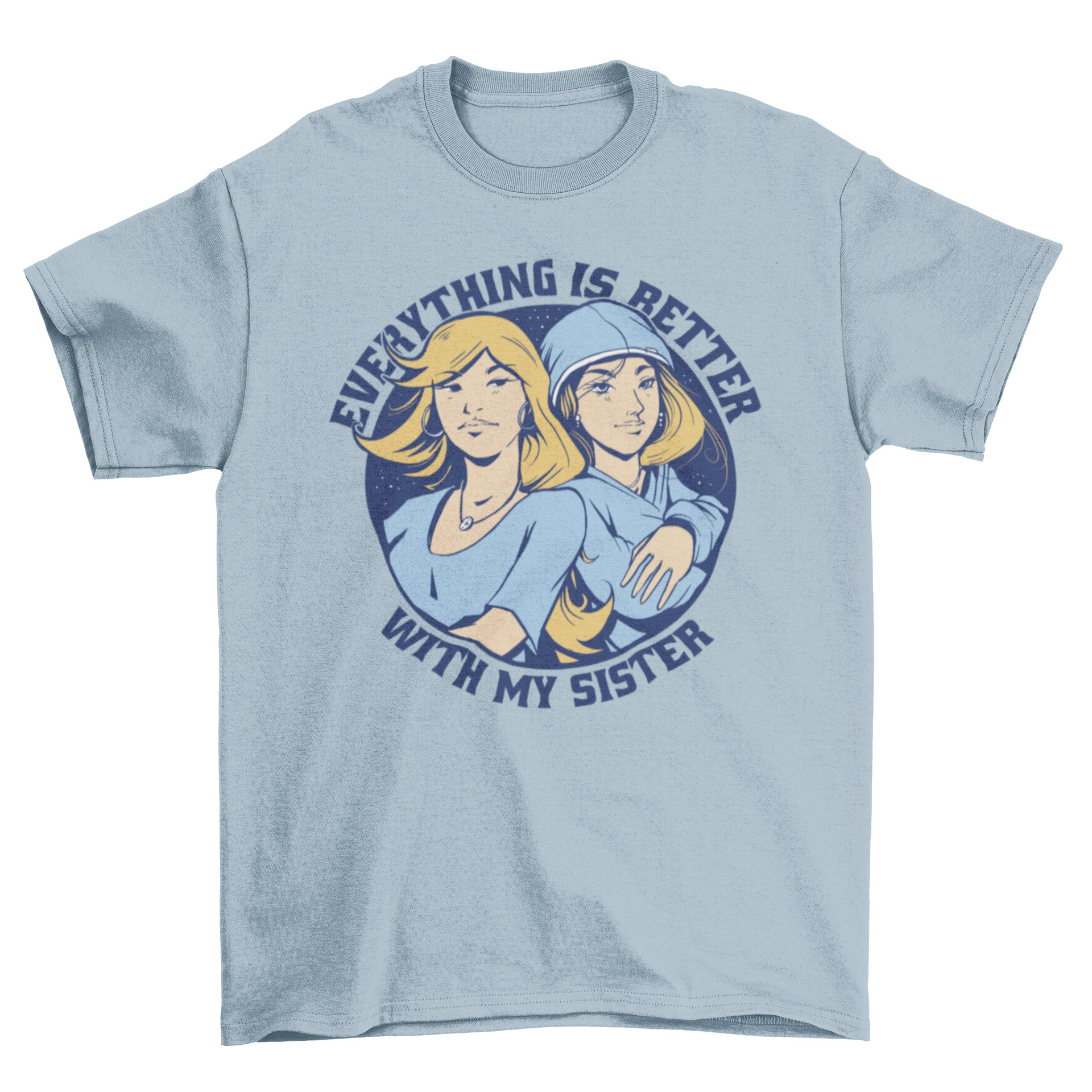 A stylish t-shirt featuring an artistic illustration of two sisters, showcasing their bond.