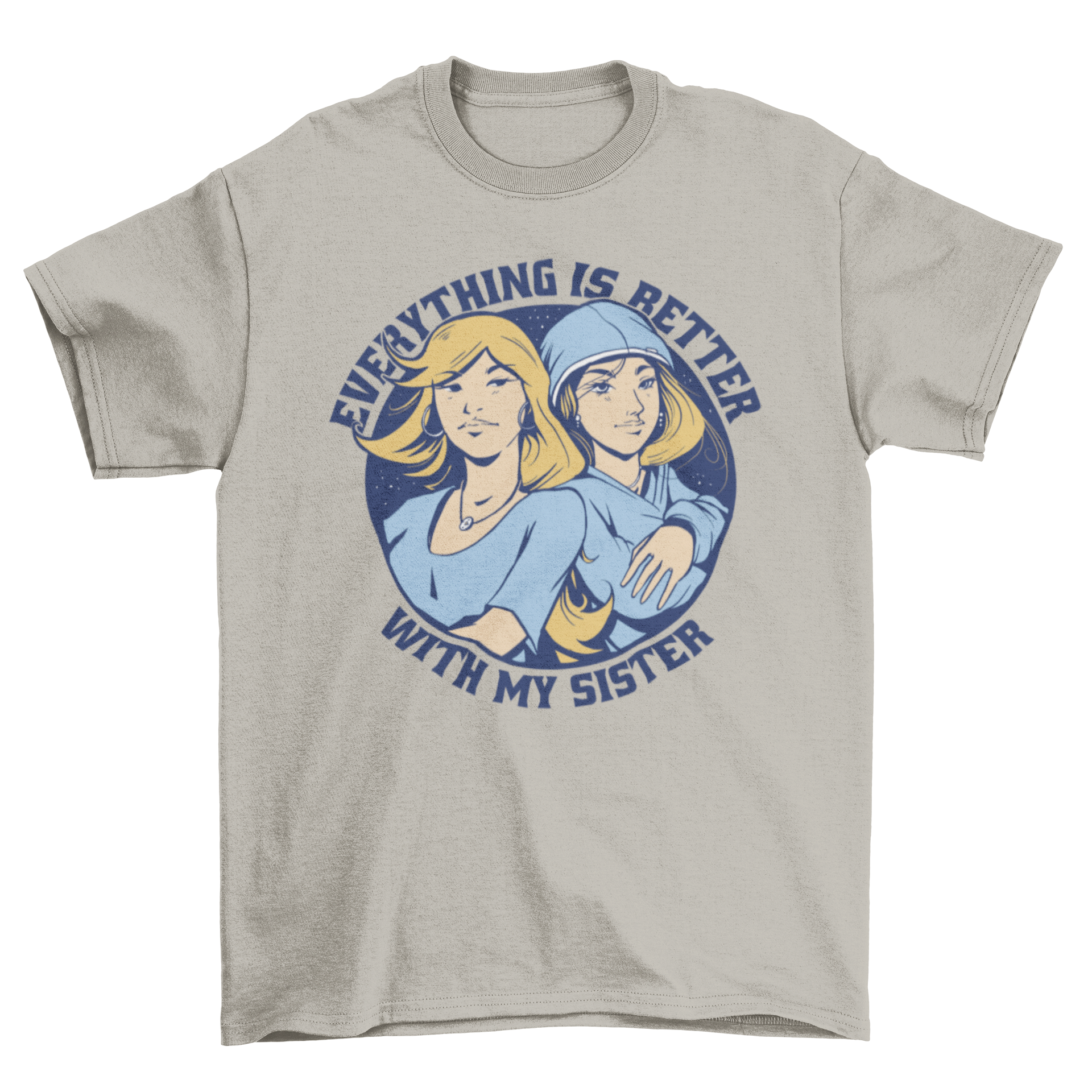 A stylish t-shirt featuring an artistic illustration of two sisters, showcasing their bond.