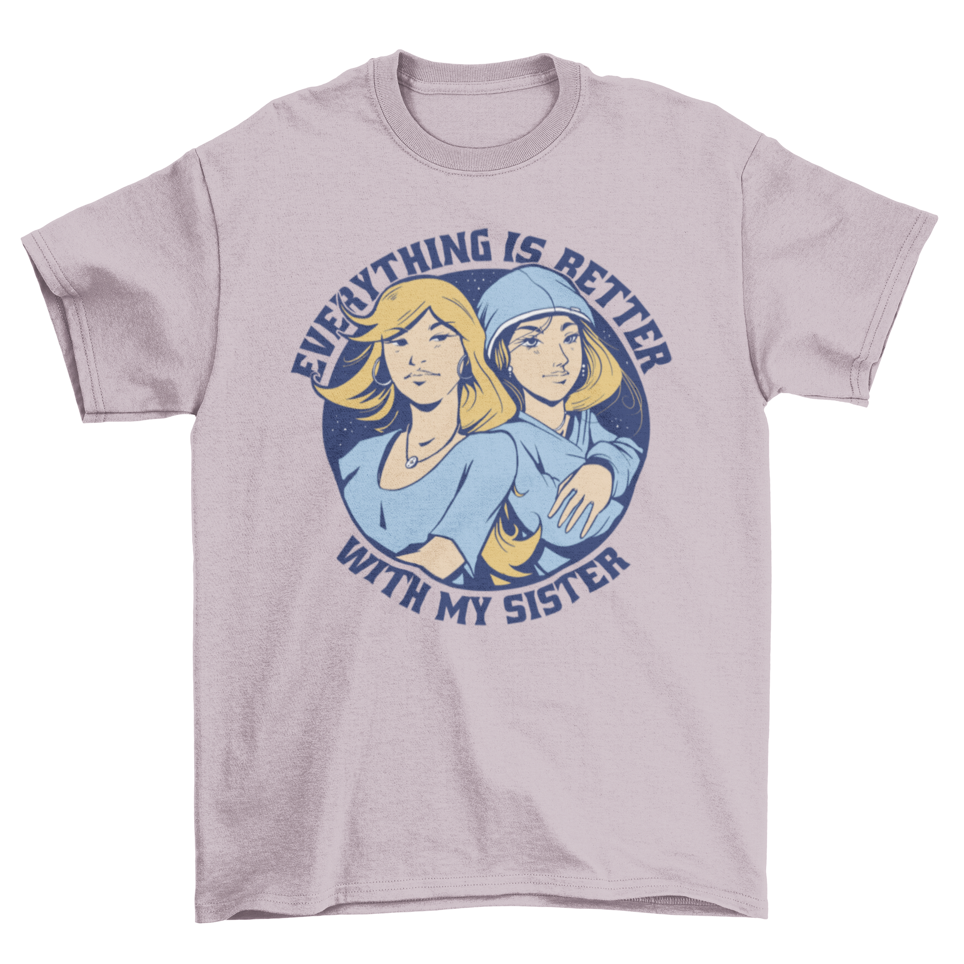 A stylish t-shirt featuring an artistic illustration of two sisters, showcasing their bond.