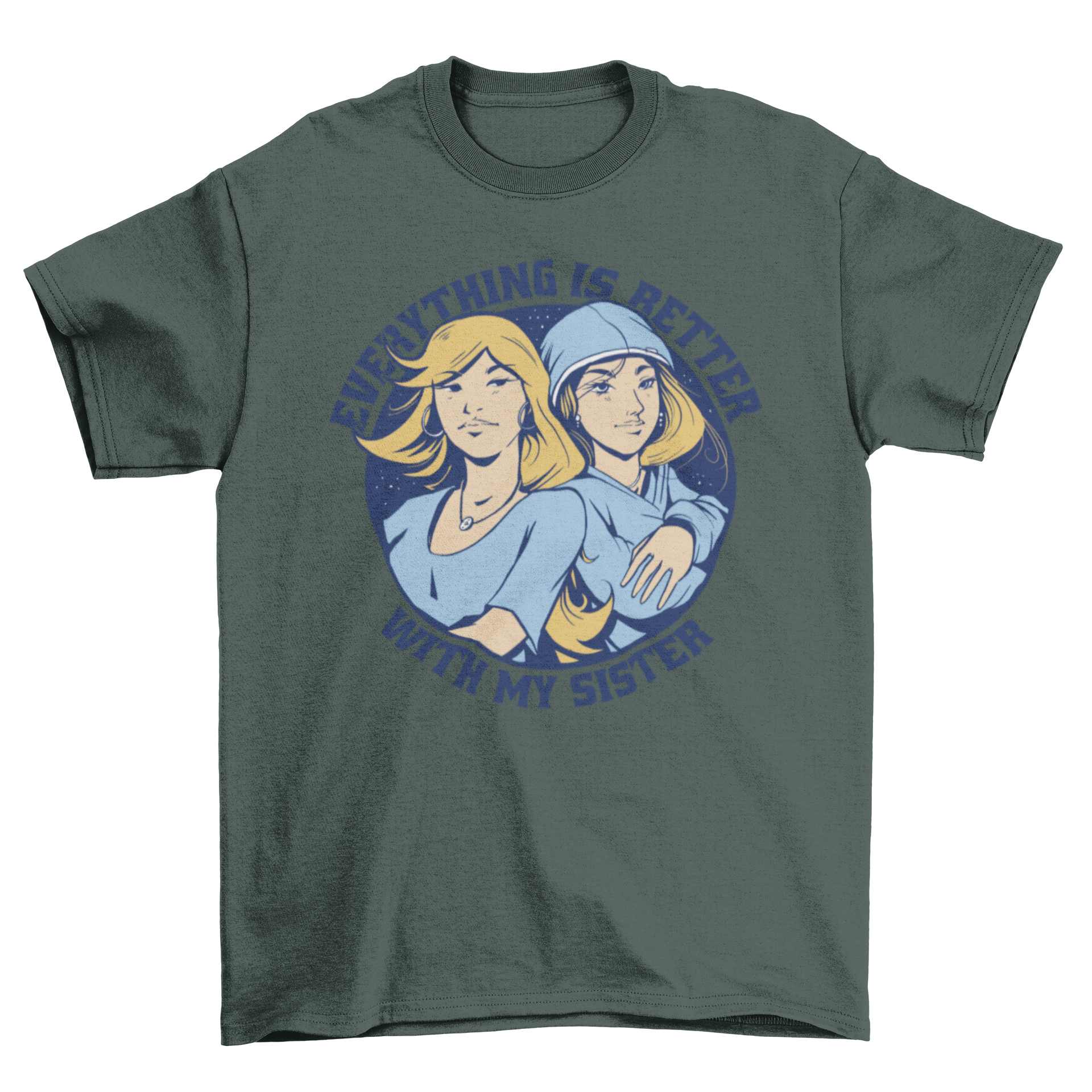 A stylish t-shirt featuring an artistic illustration of two sisters, showcasing their bond.